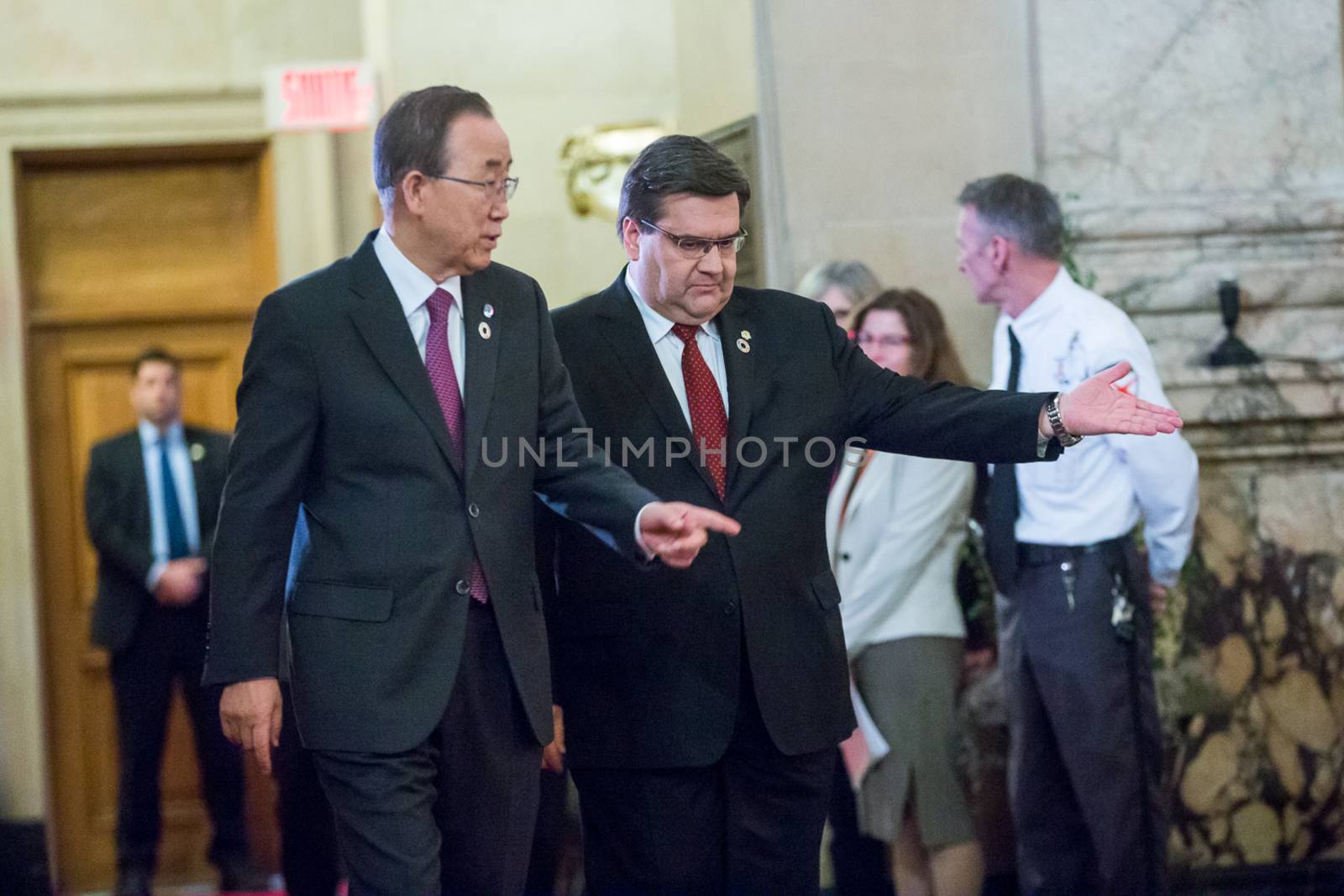 CANADA, Montreal: UN Secretary-General Ban Ki-moon is welcomed in Montreal by the mayor Denis Coderre, on February 12, 2016. Ban welcomed a plan to cease hostilities in war-wracked Syria that would allow humanitarian aid to reach tens of thousands clinging to life.