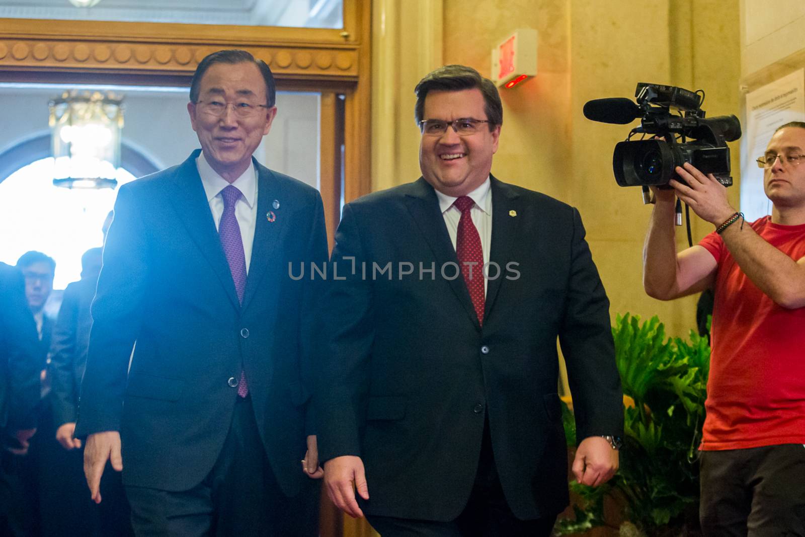 CANADA, Montreal: UN Secretary-General Ban Ki-moon is welcomed in Montreal by the mayor Denis Coderre, on February 12, 2016. Ban welcomed a plan to cease hostilities in war-wracked Syria that would allow humanitarian aid to reach tens of thousands clinging to life.