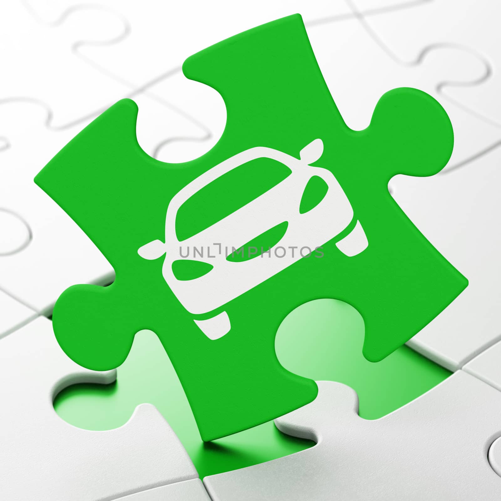 Travel concept: Car on Green puzzle pieces background, 3d render