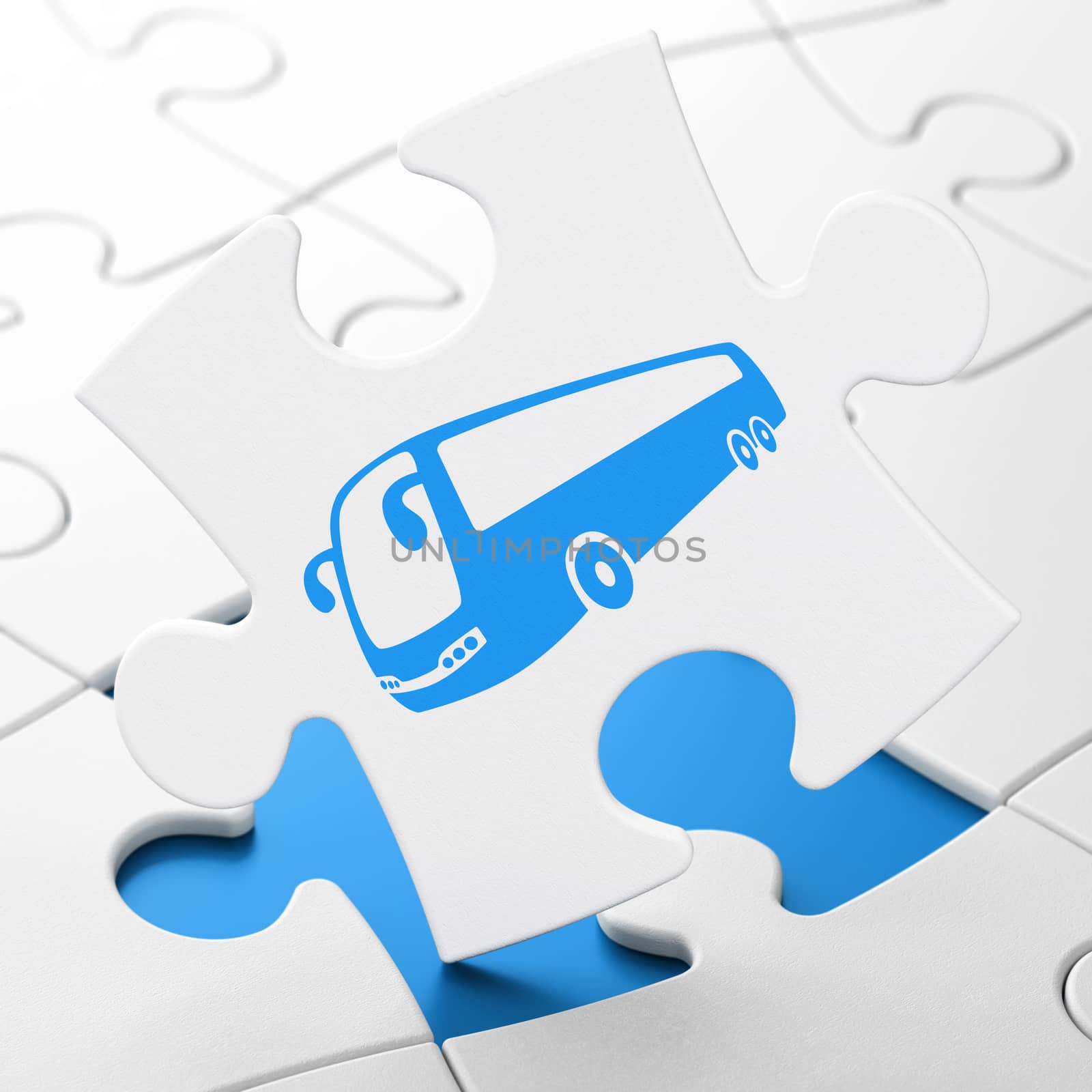 Vacation concept: Bus on White puzzle pieces background, 3d render