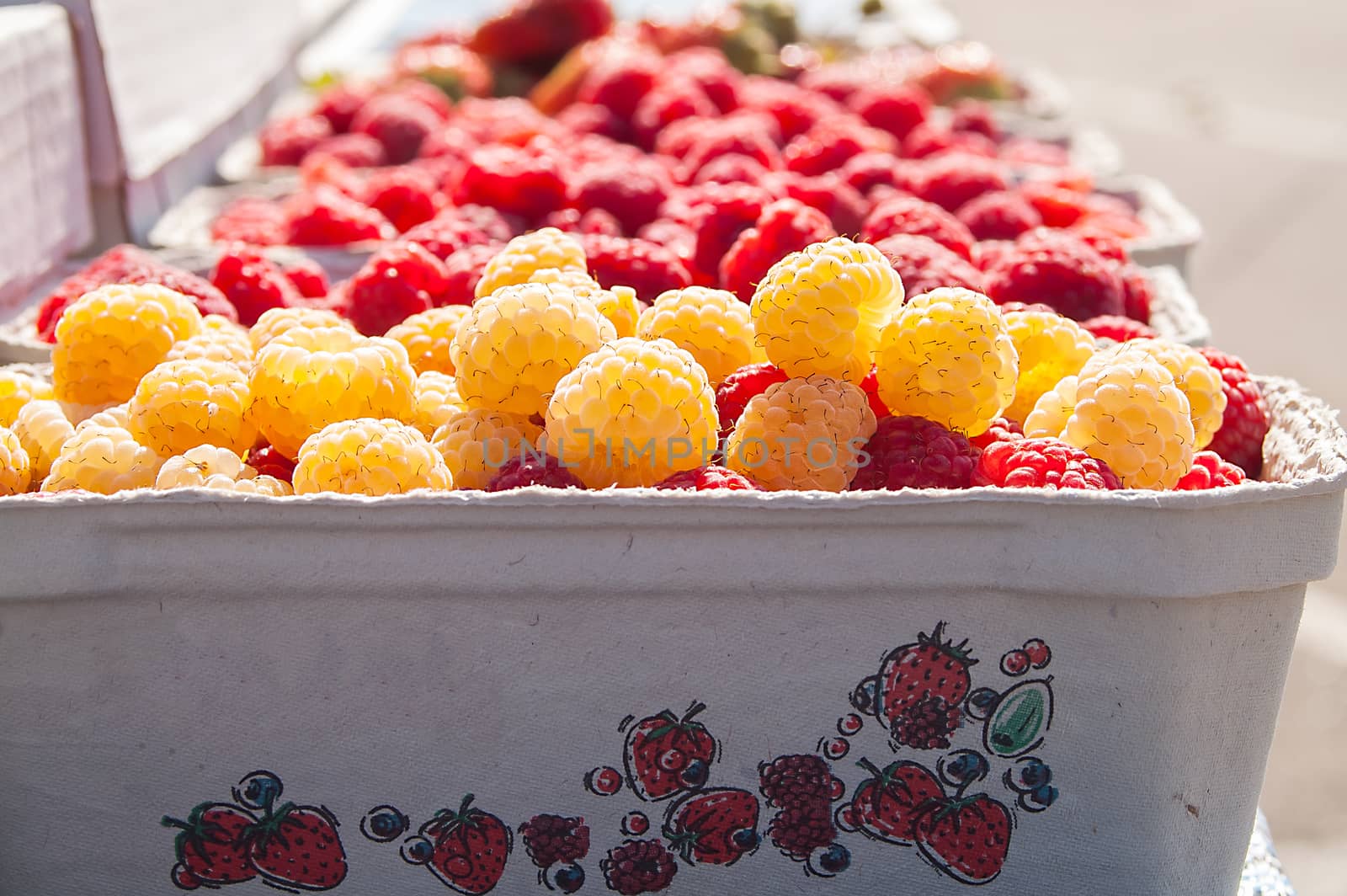 red  and yellow raspberries in a paper box by antonius_