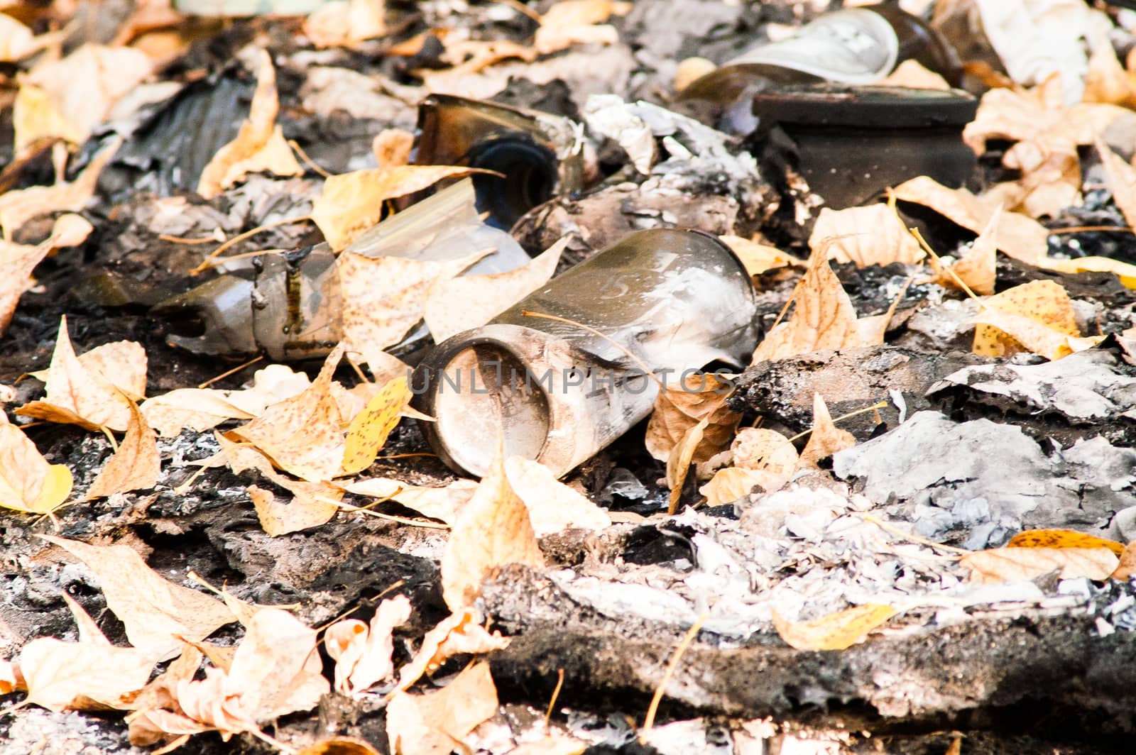 burned trash in the woods among the leaves