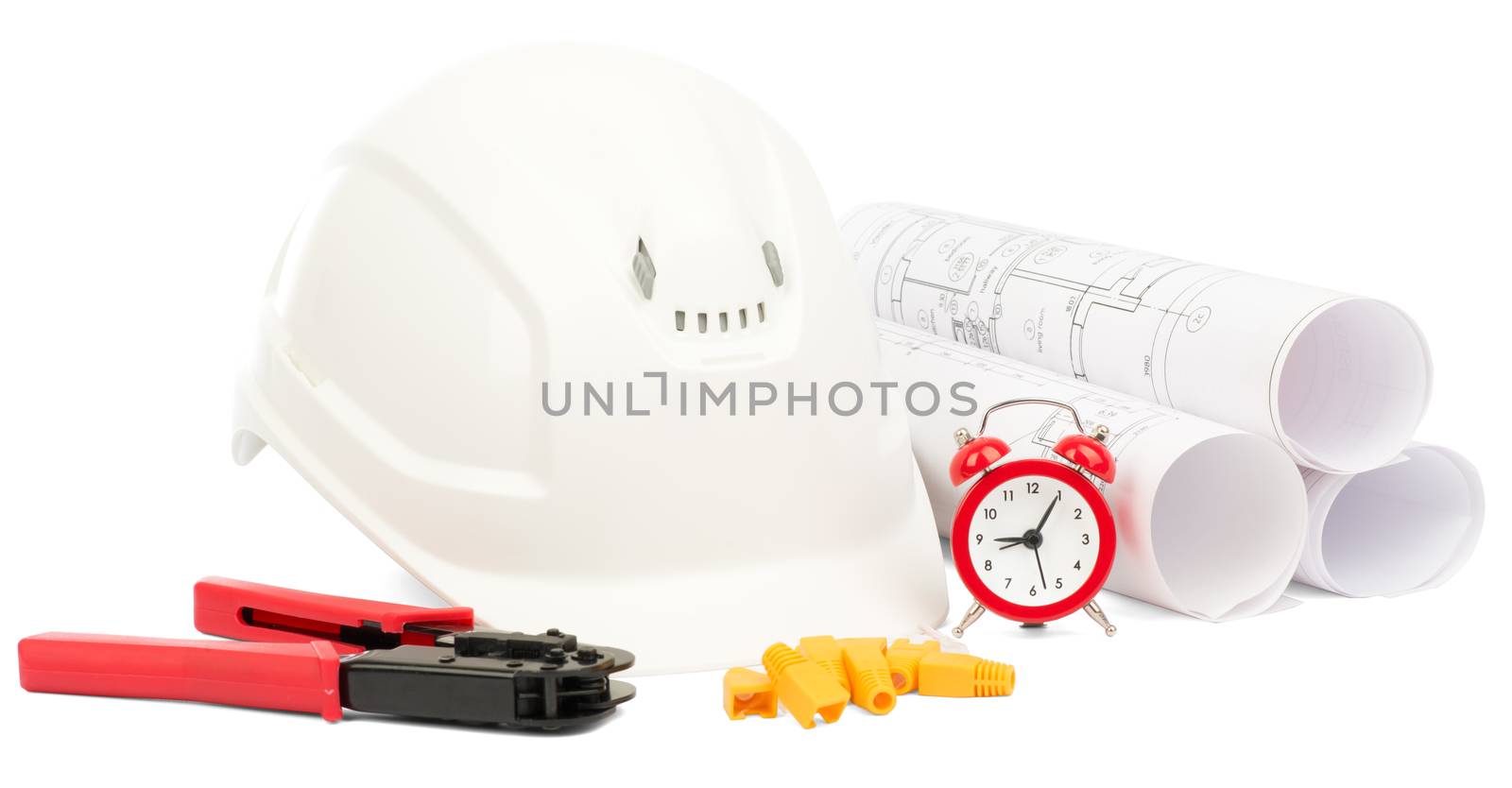 Blueprint rols and white helmet with tools on isolated white background