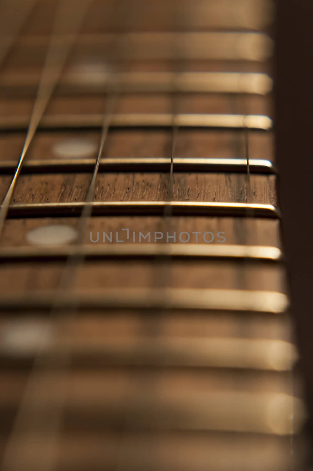 Close Up Shot of the frets on a rosewood neck of a new Guitar
