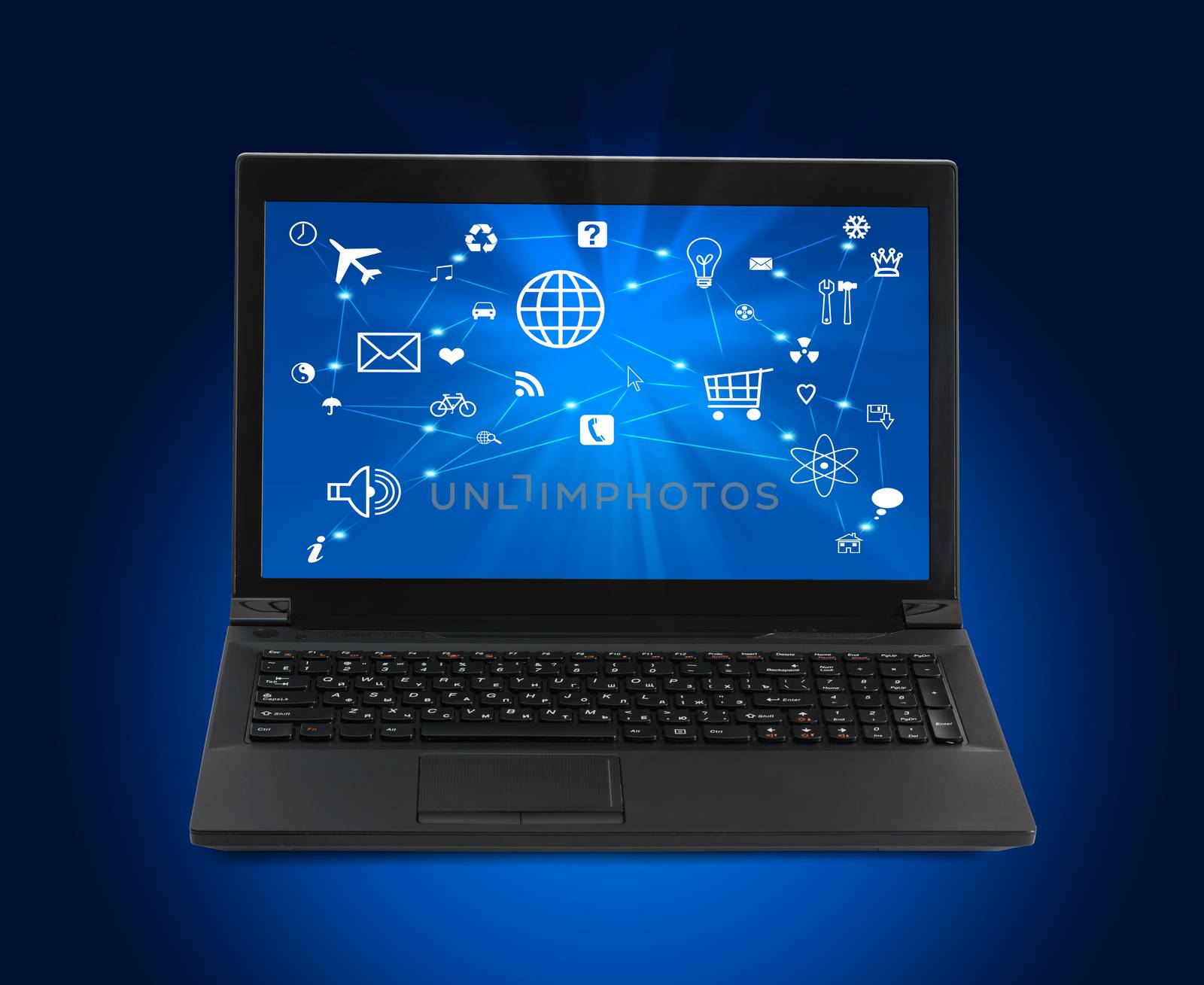 Black laptop with computer icons on blue by cherezoff