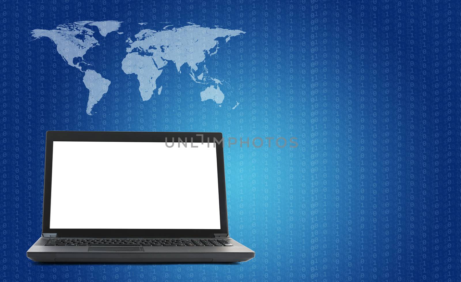 Black laptop with world map and lightspot on blue background