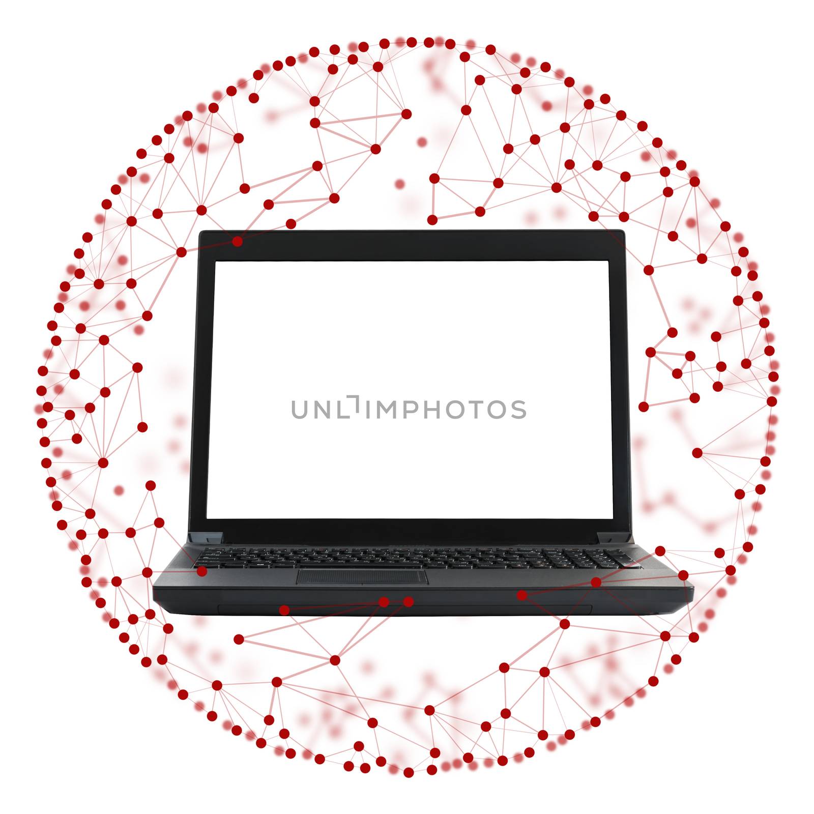 Laptop with blank screen on white background with red dots