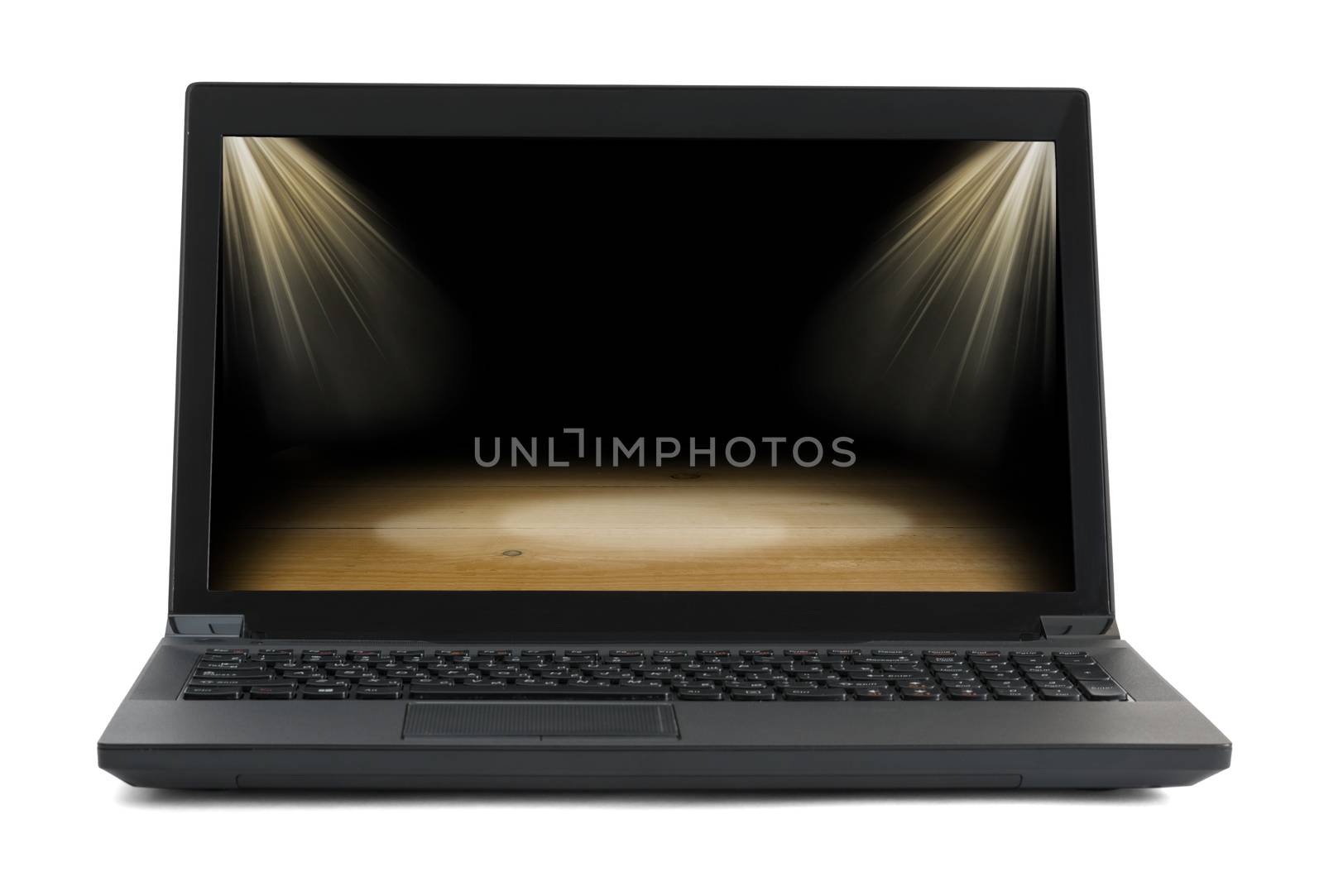 Black laptop with stadium picture on white by cherezoff