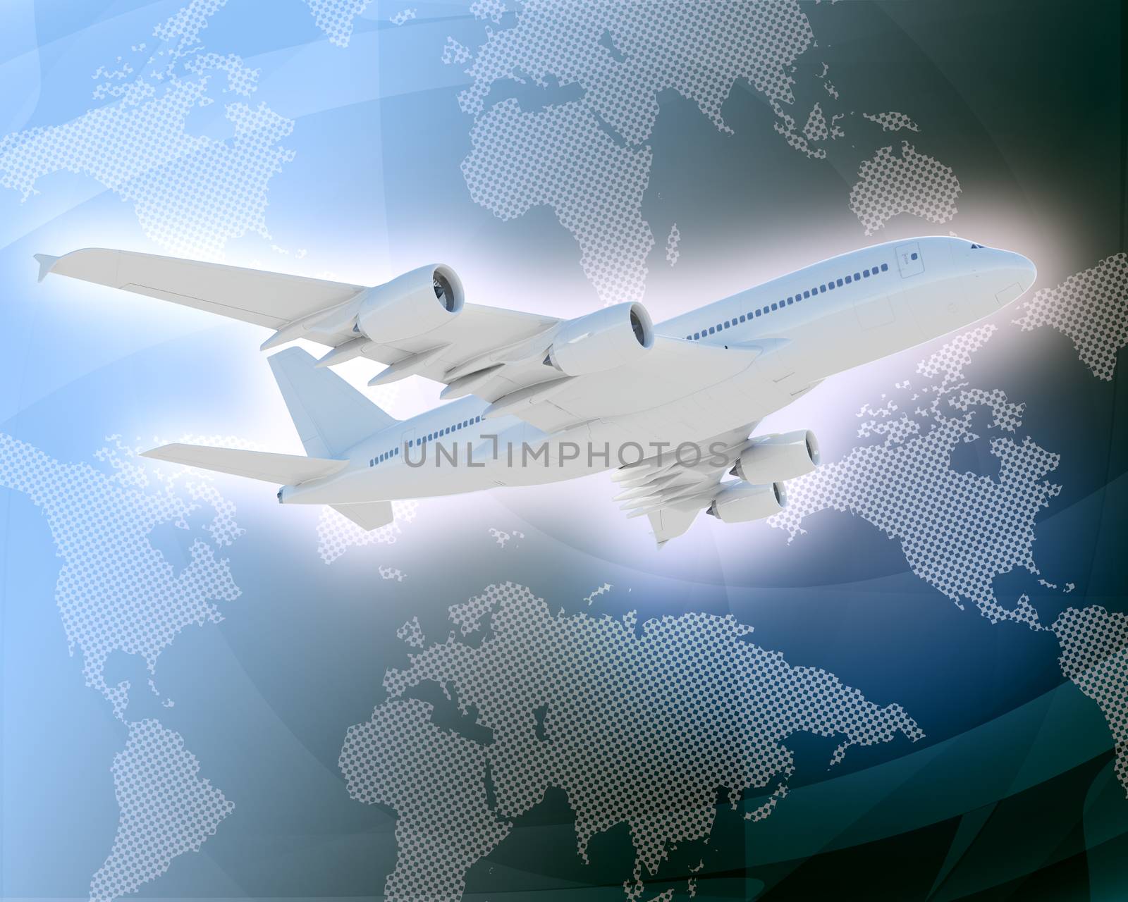 Jet on abstract blue background with world map