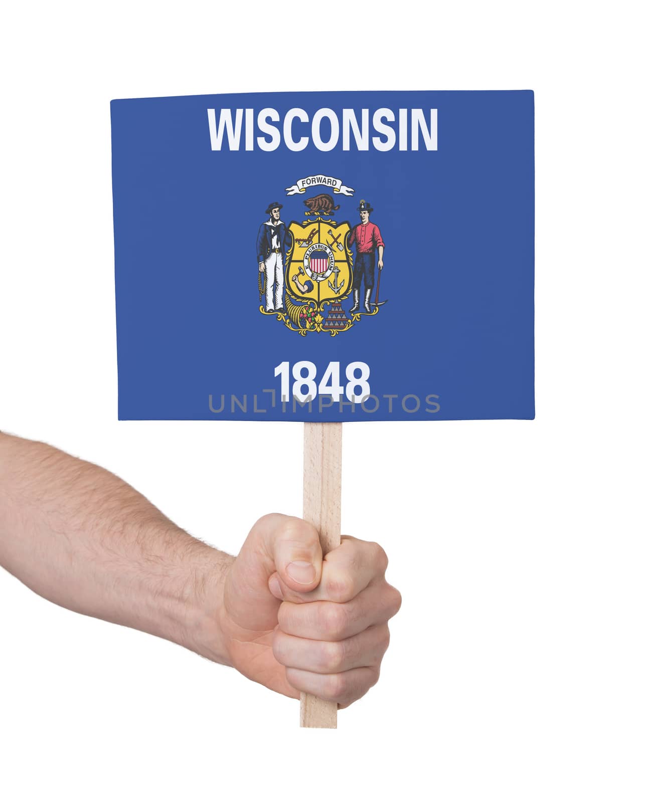 Hand holding small card - Flag of Wisconsin by michaklootwijk