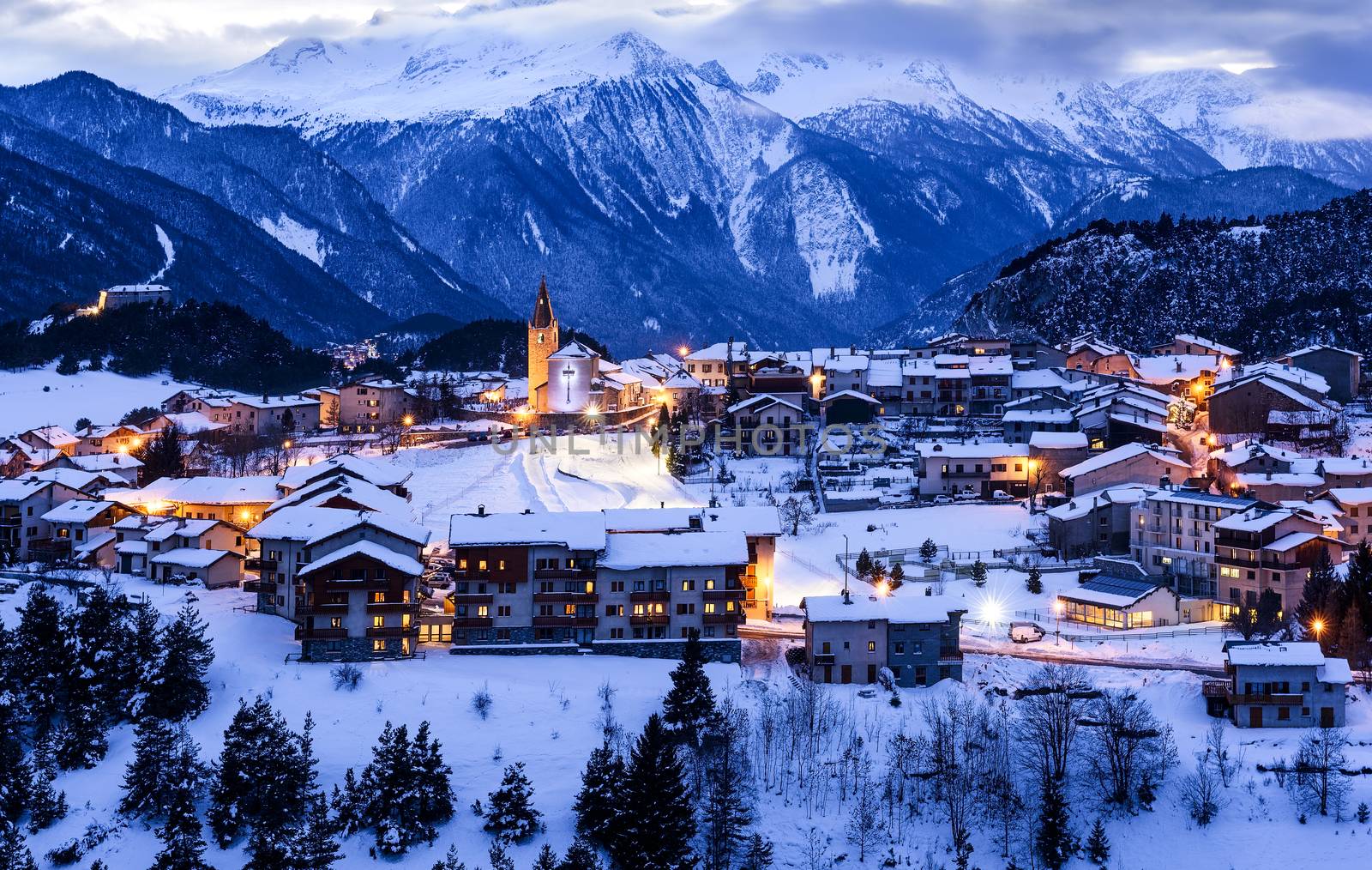 View of Aussois su Arc village by night, France