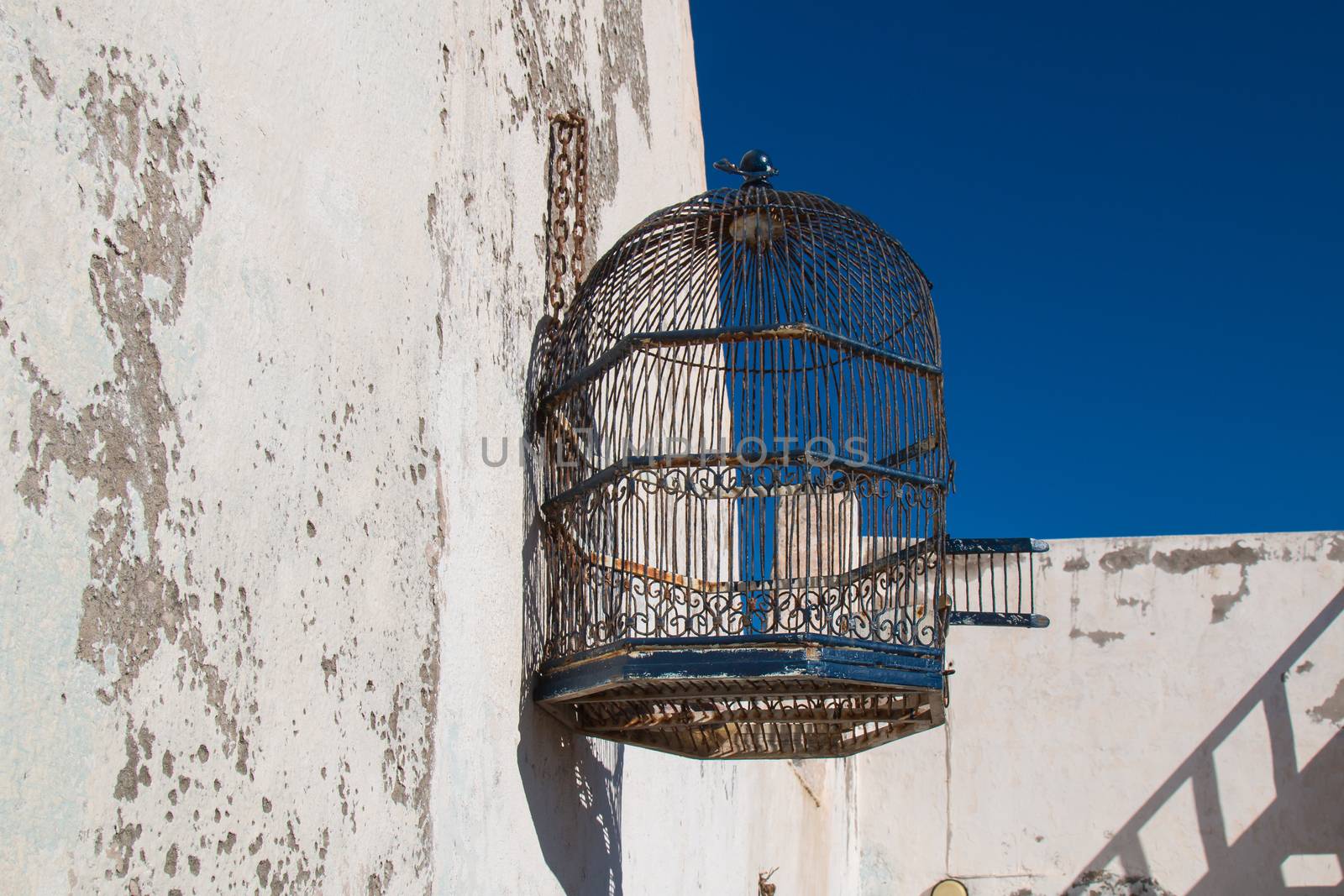 Empty stylish bird cage hanging on the old wall. Bright blue sky.