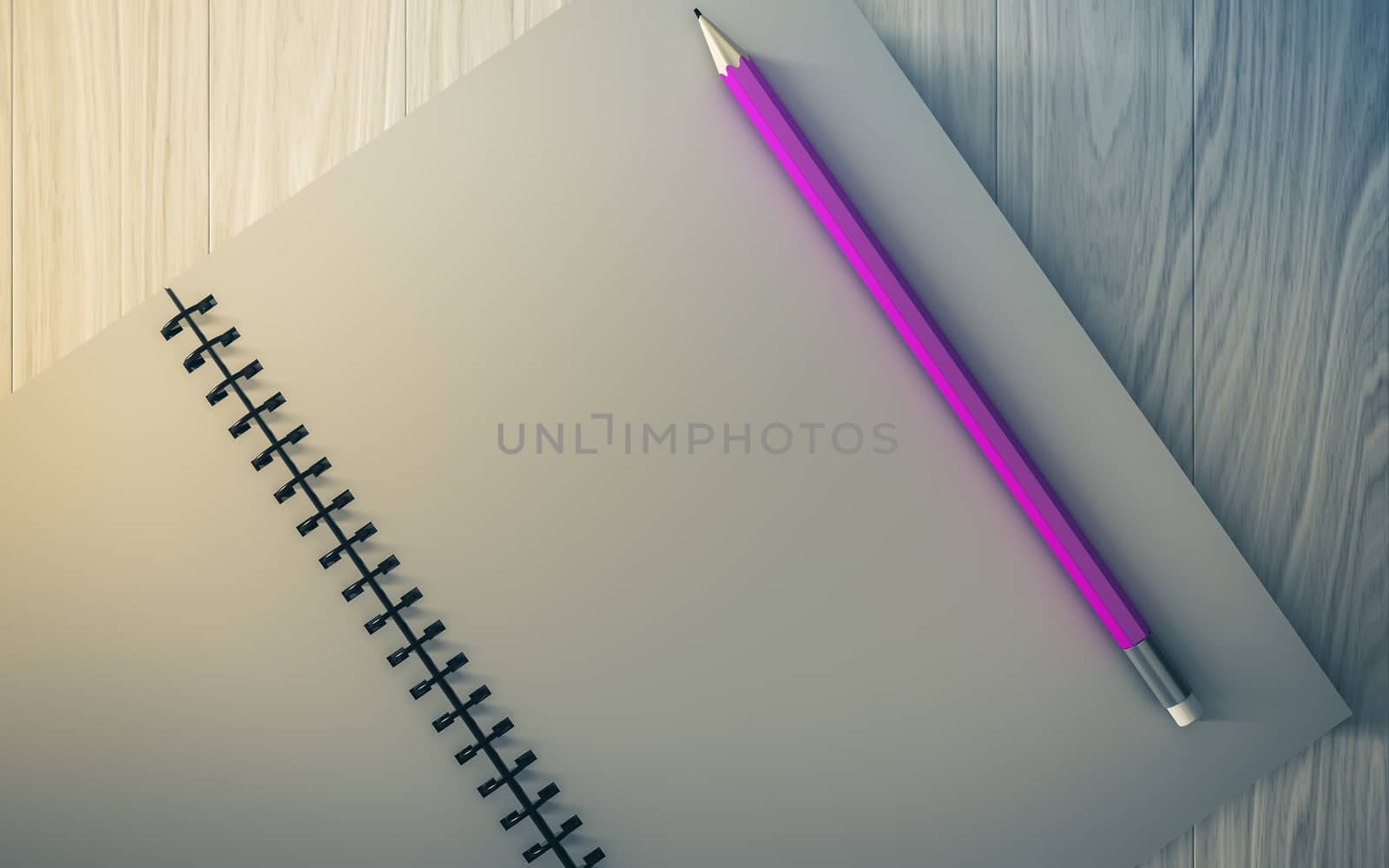 pencil on checked notebook on wood background, stationary object