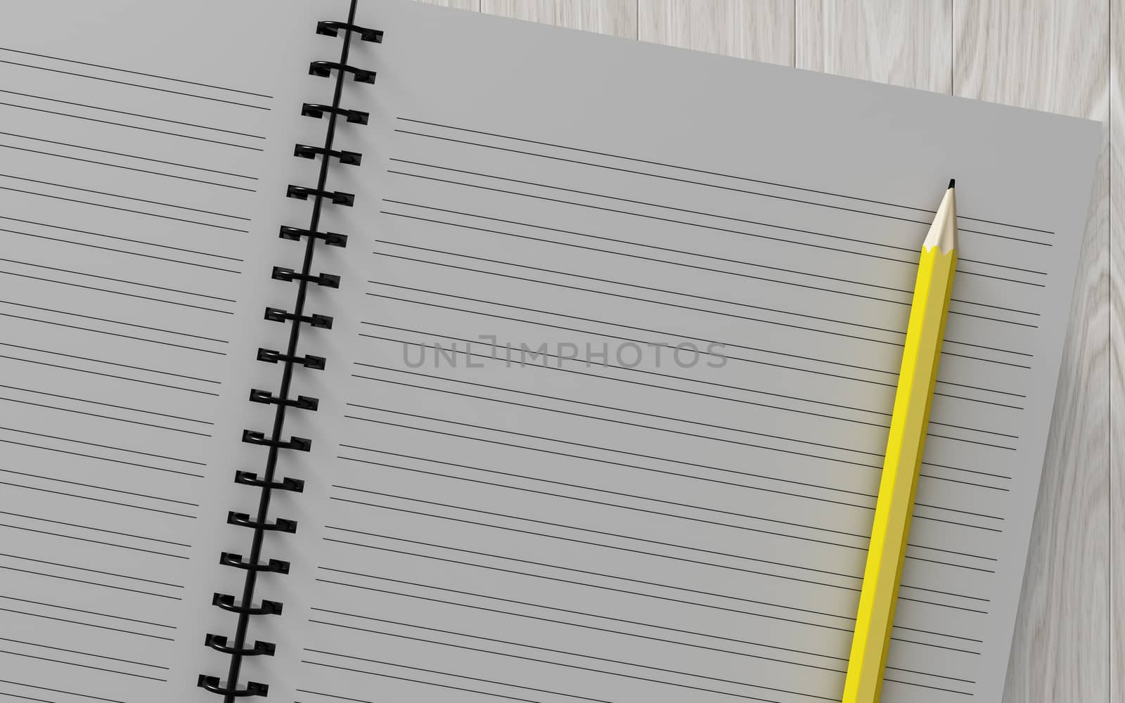 pencil on checked notebook on wood background, stationary object