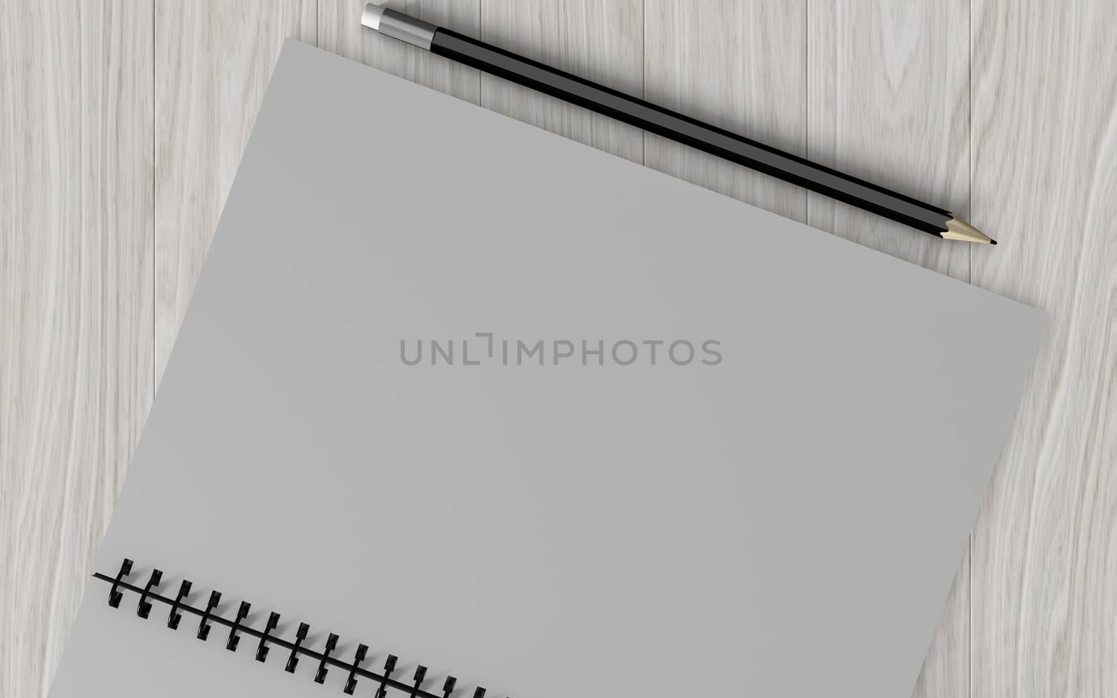 pencil on checked notebook on wood background, stationary object