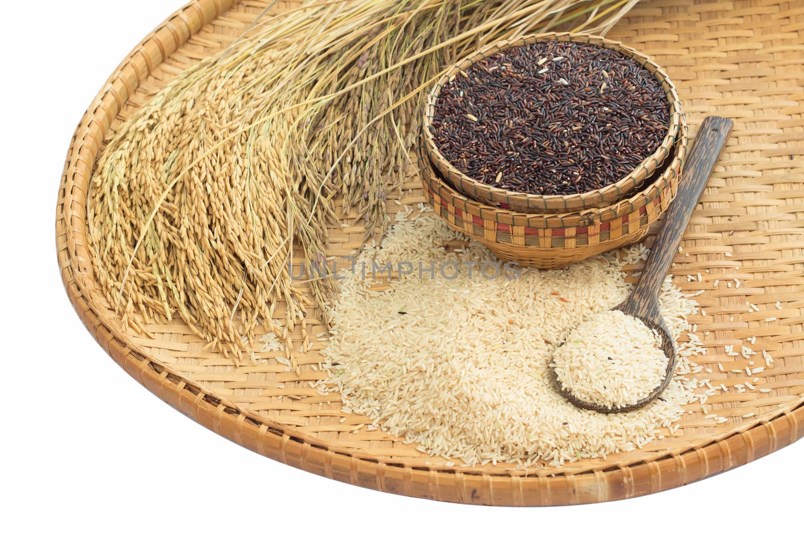 brown rice  and paddy rice on bamboo background