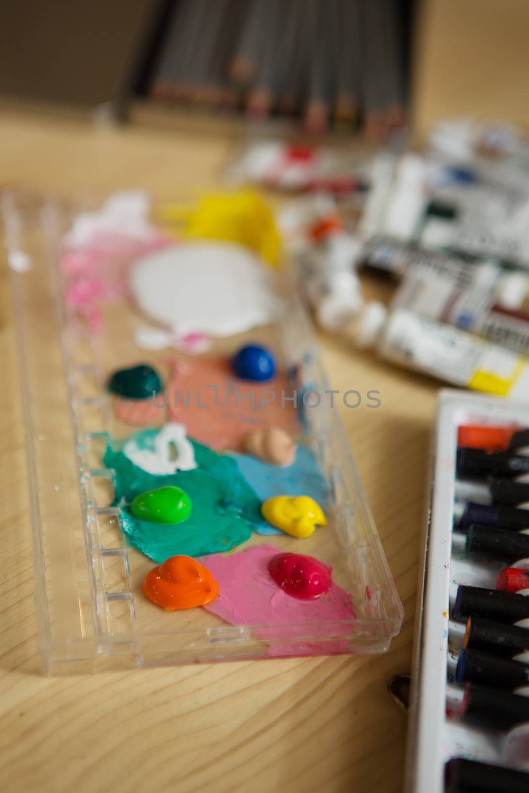Closeup of messy, used water-color paint box. background