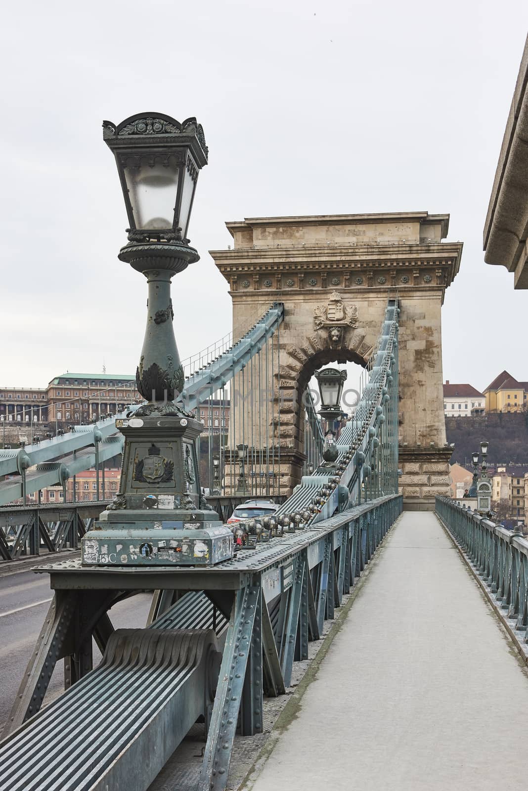 Szechenyi Chain Bridge with Buda Castle in the background. February 02, 2016 in Budapest, Hungary.