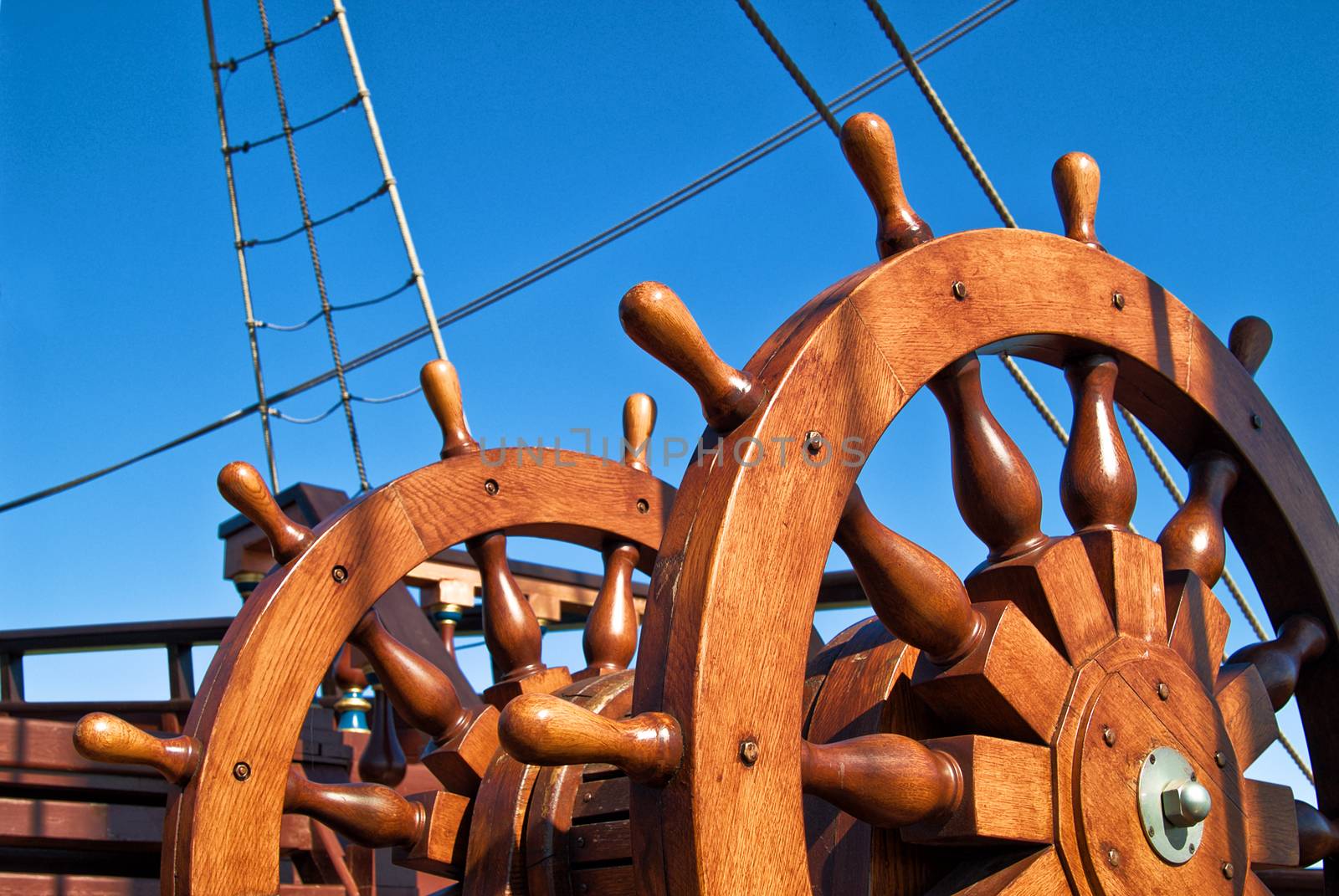 Double steering wheel of big sailing boat Genoese shooner