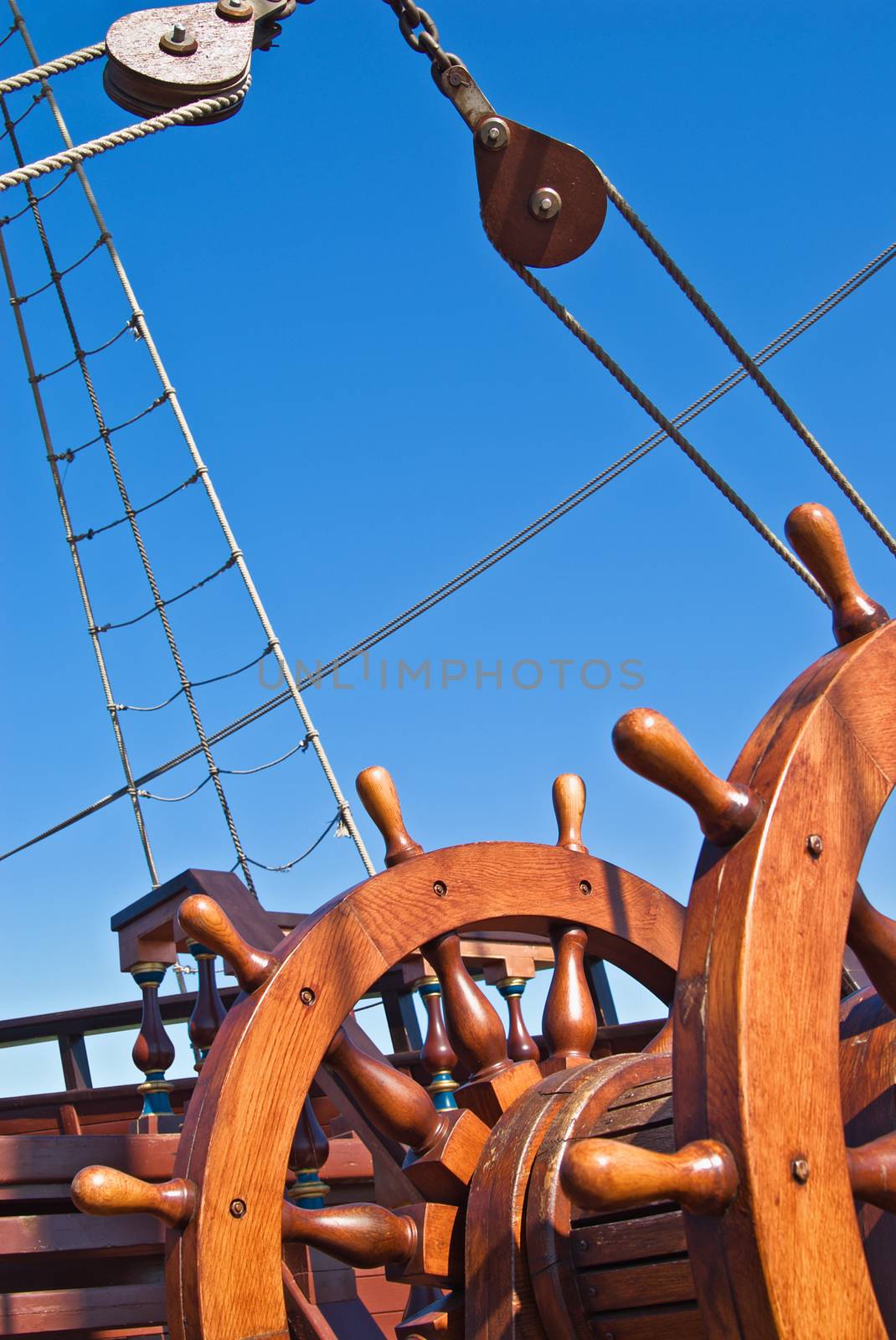 Double steering wheel of big sailing boat - Genoese shooner.
