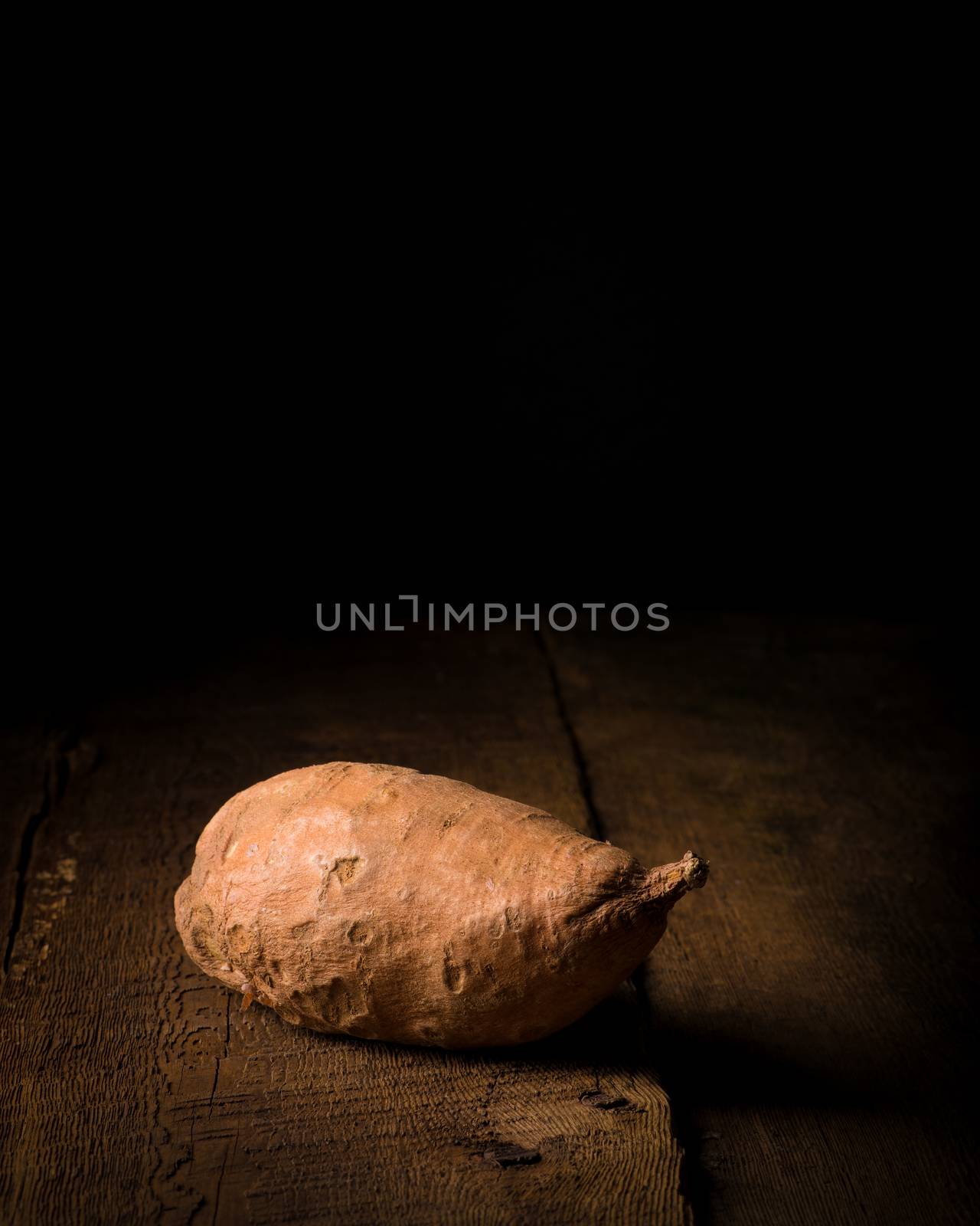 Single yam photographed on a low key background suitable for book covers and food industry marketing material.
