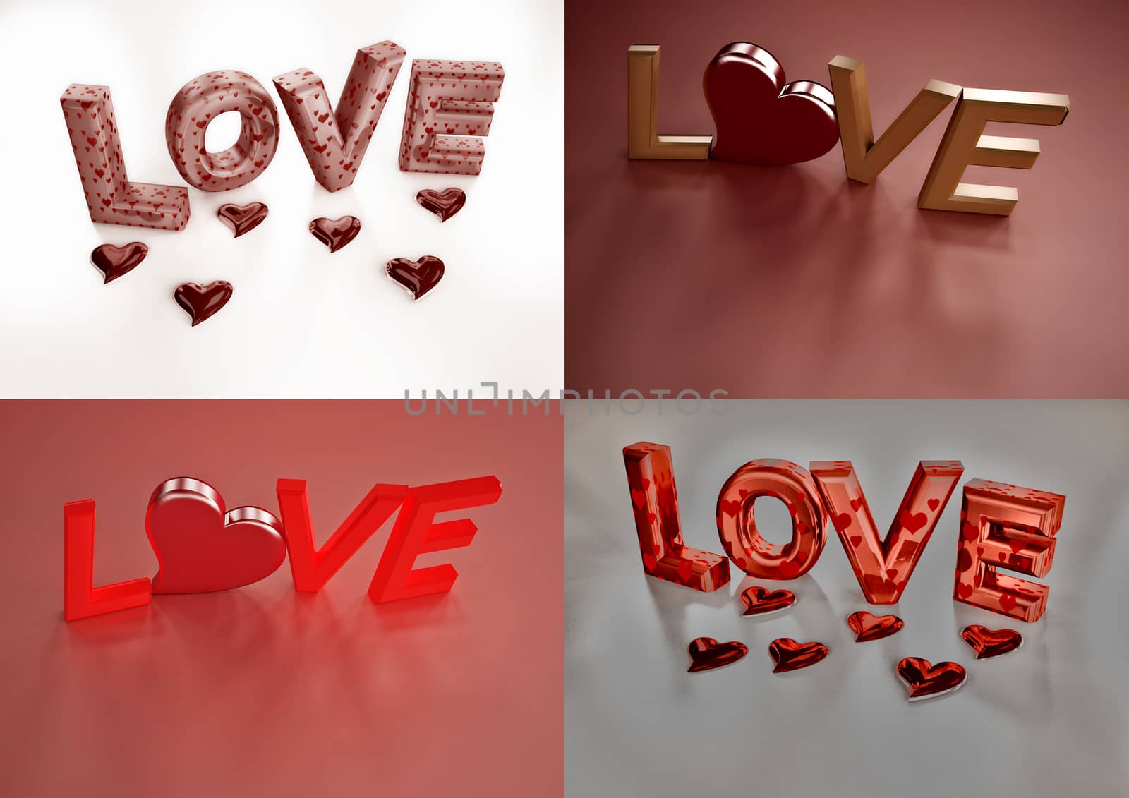 Set of pictures dimensional inscription of LOVE and heart near it.