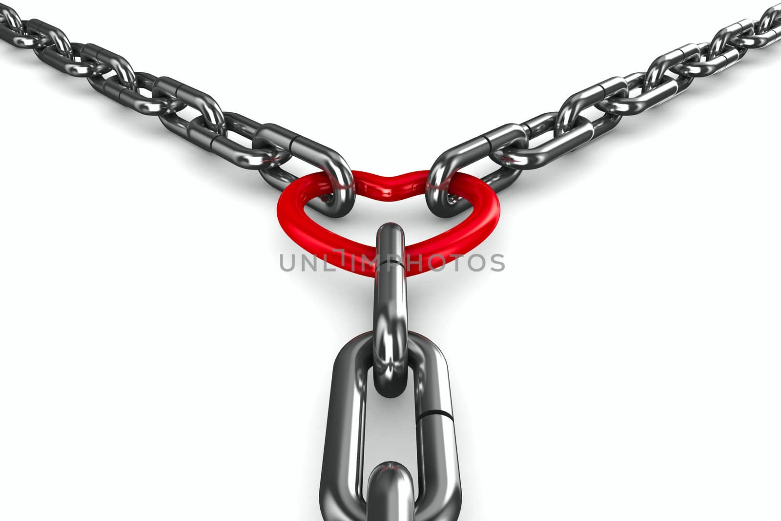 Chain and red heart on white background. Isolated 3D image