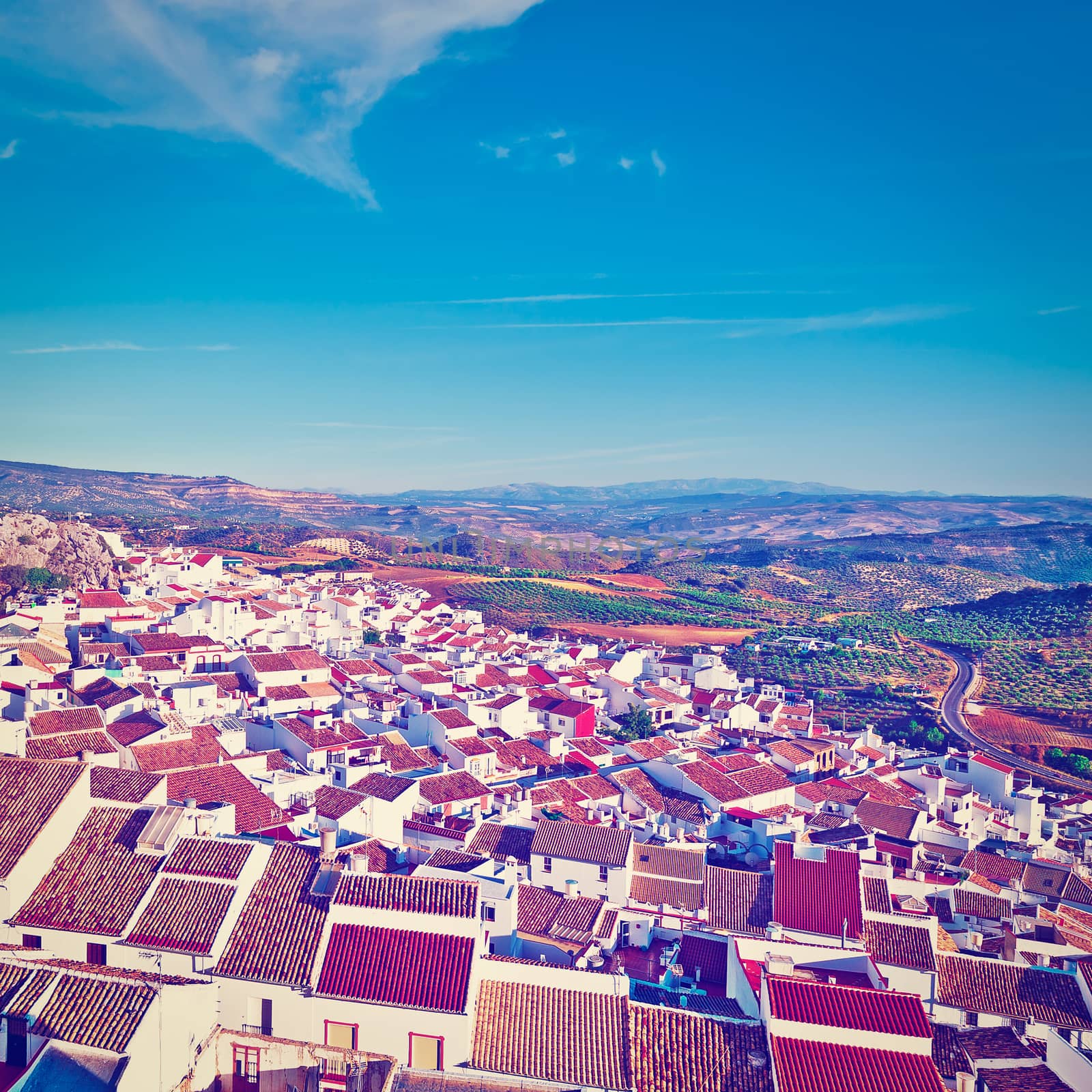 Aerial View on the Red Tiles of the Spanish City of Olvera, Instagram Effect