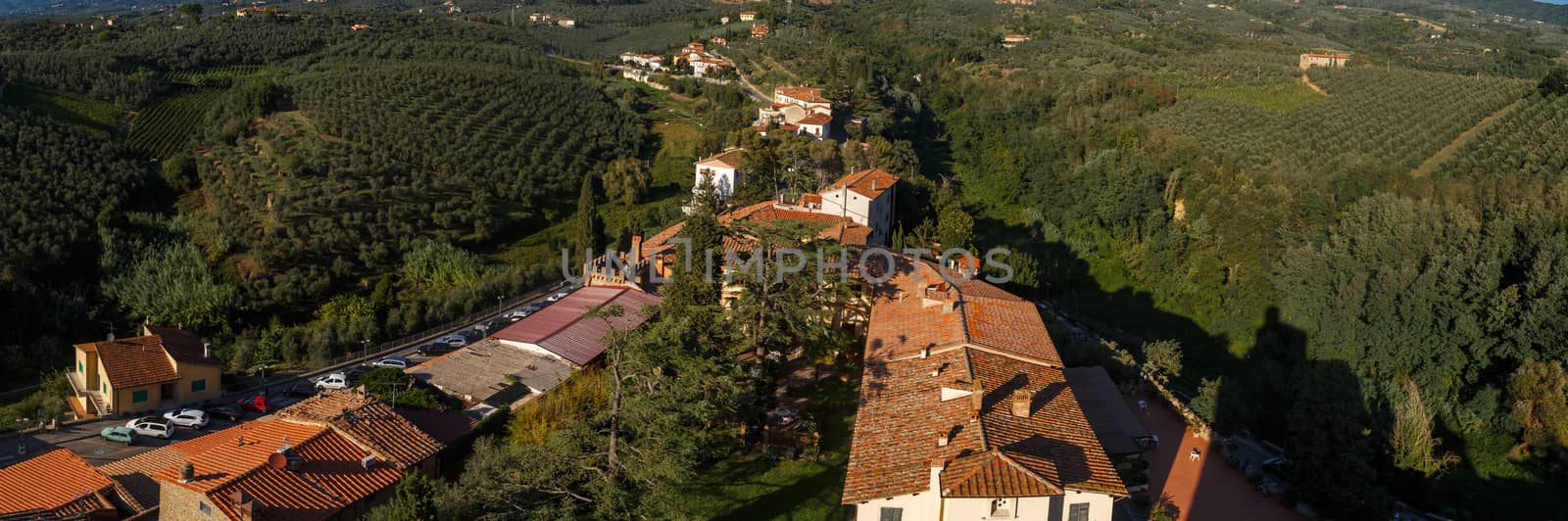 Panoramic top view of Vinci Village around meadow area from Conti Guidi Castle in Italy.