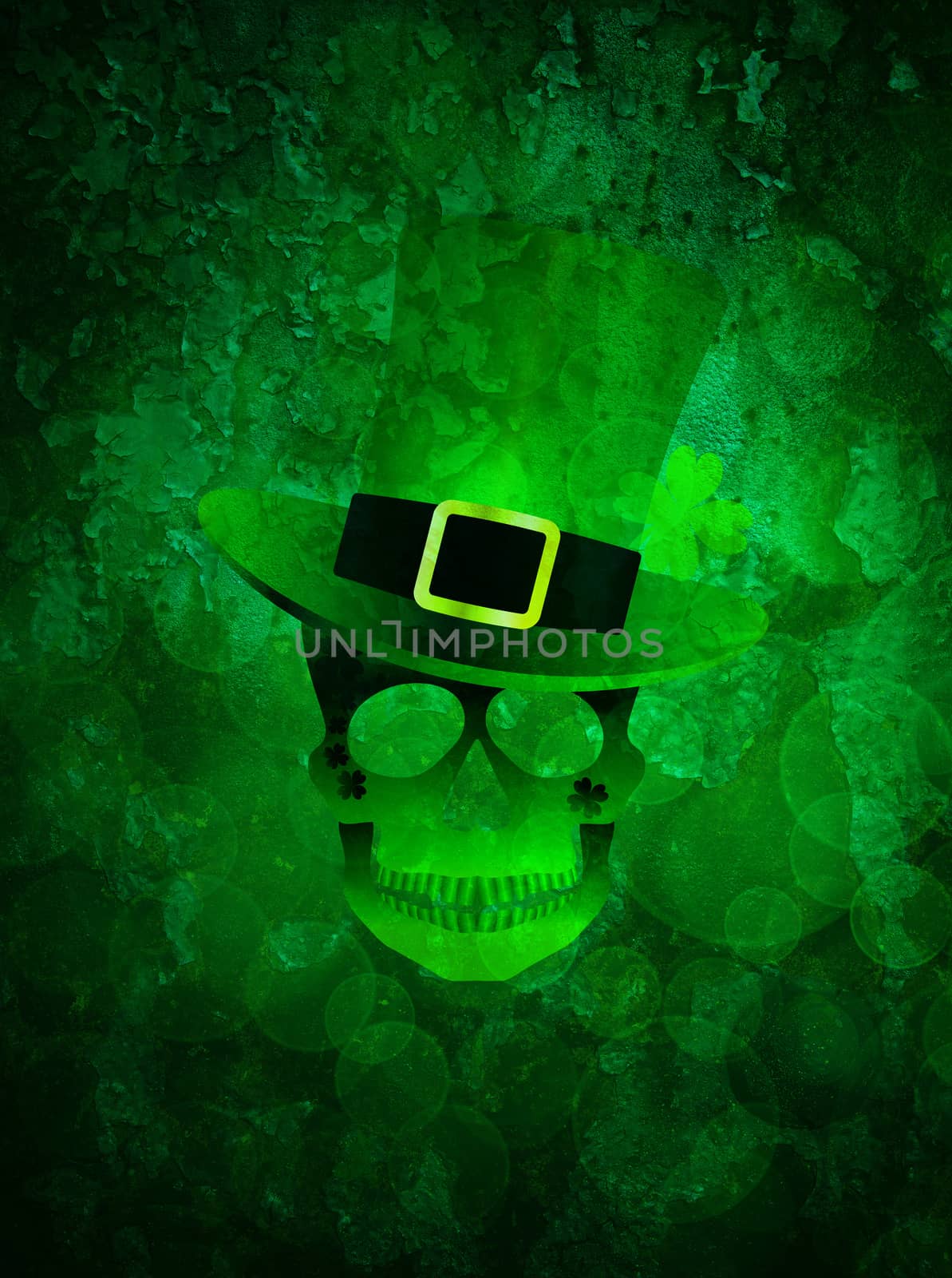 St Patricks Day Green Irish Skull with Leprechaun Hat Illustration on Grunge Texture Background