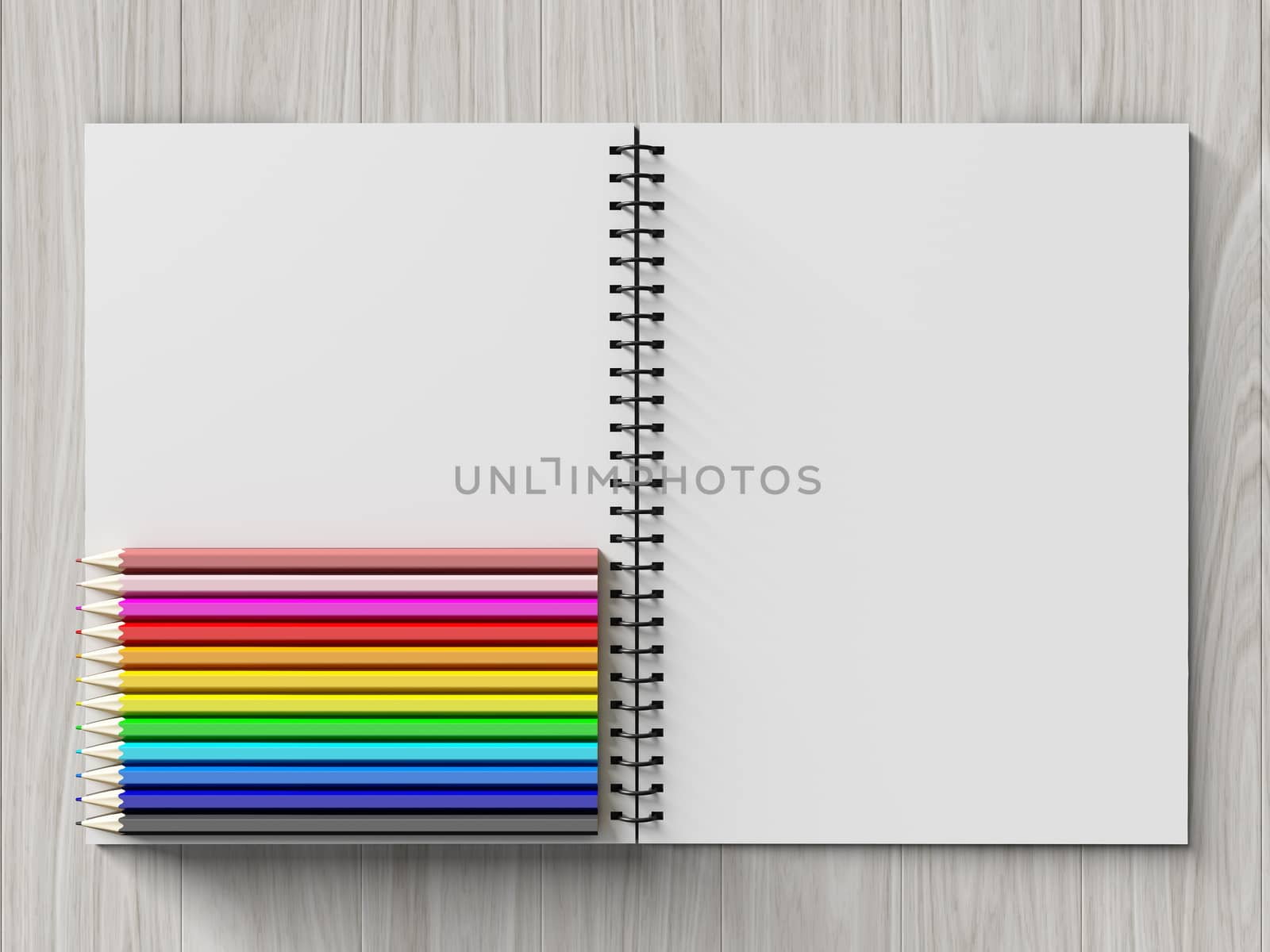 color pencil on checked notebook on wood background, stationary object