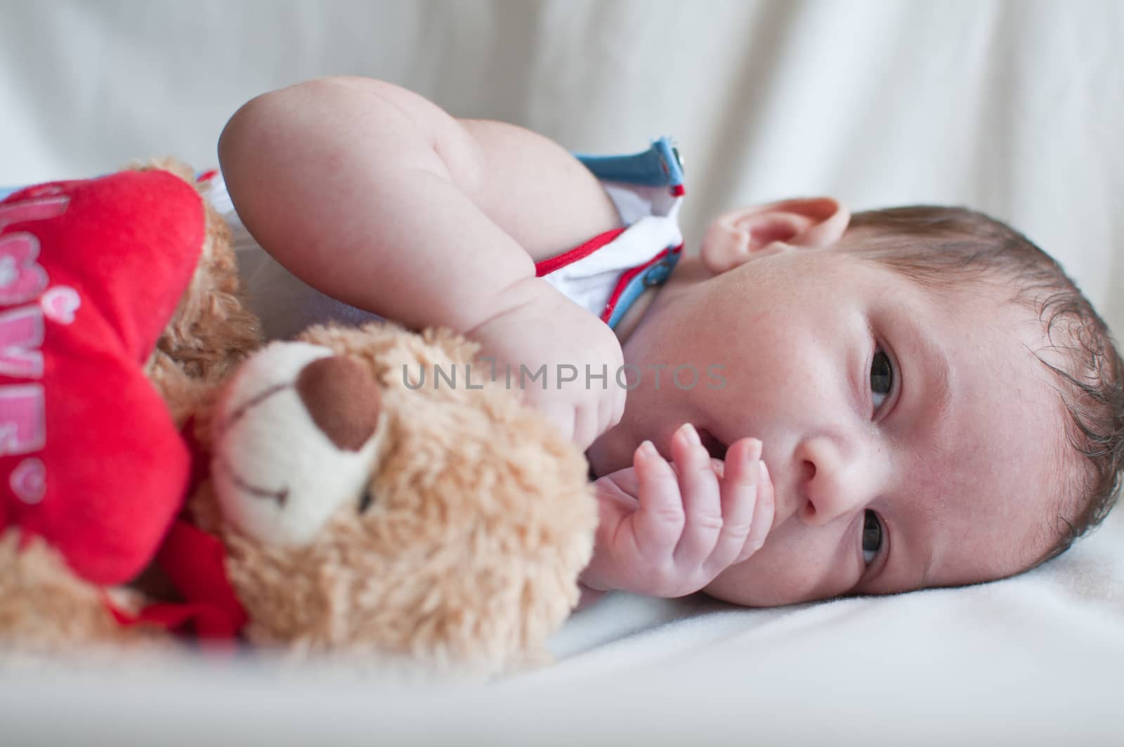 Portrait of Little baby with toy bear by Linaga