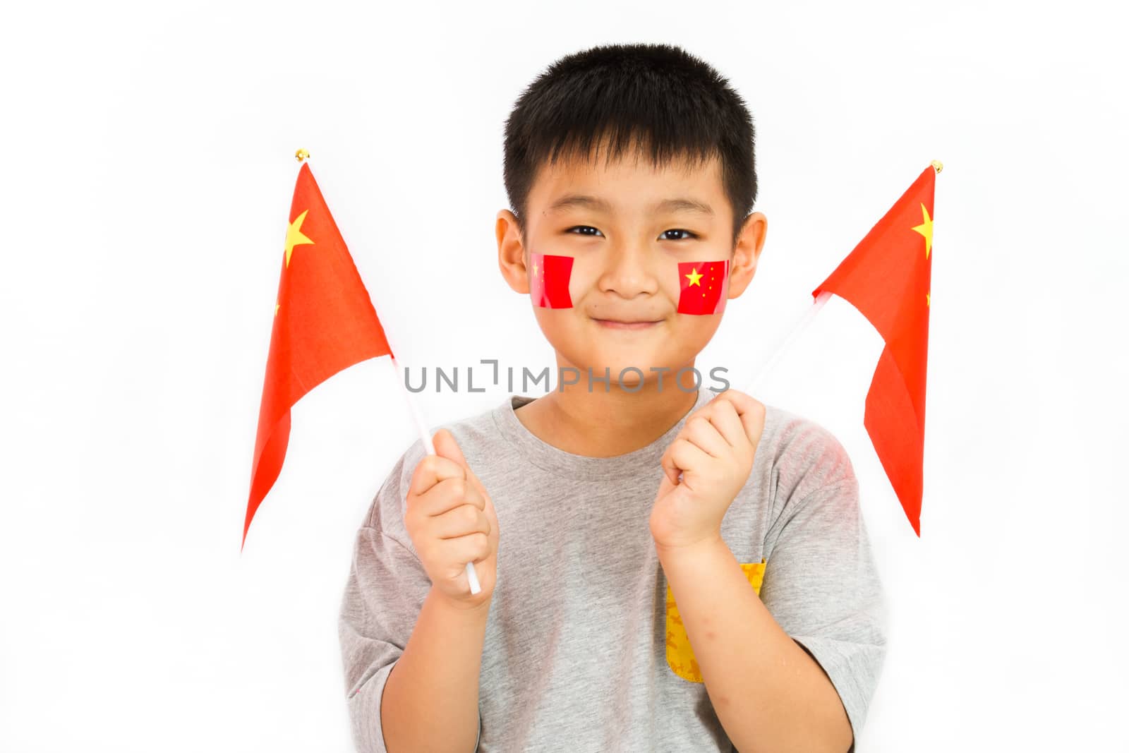 Asian Chinese Child with China Flag in Isolated White Background.