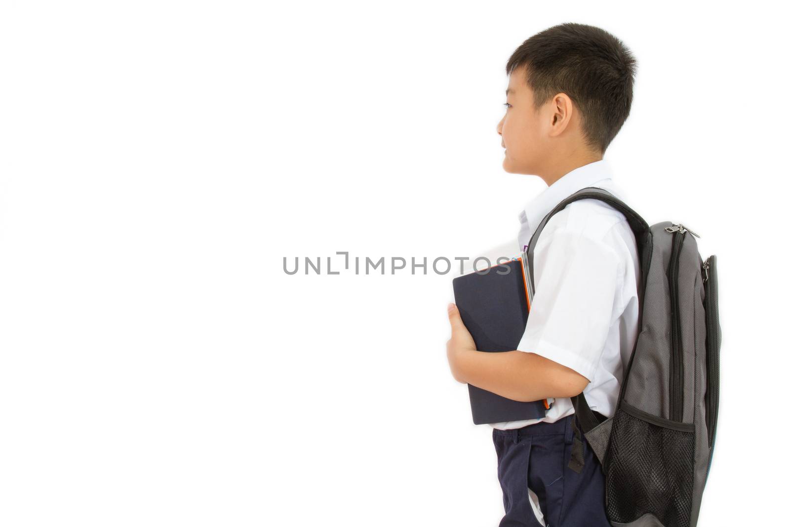 Asian Little School Boy Holding Books with Backpack on White Background