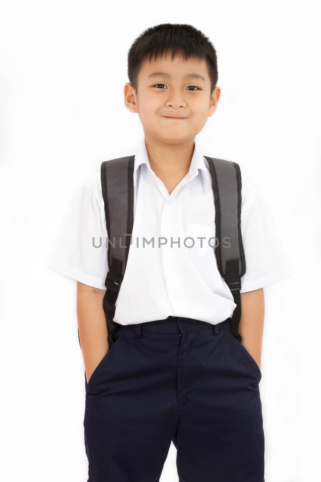 Asian Little School Boy with Backpack on White Background