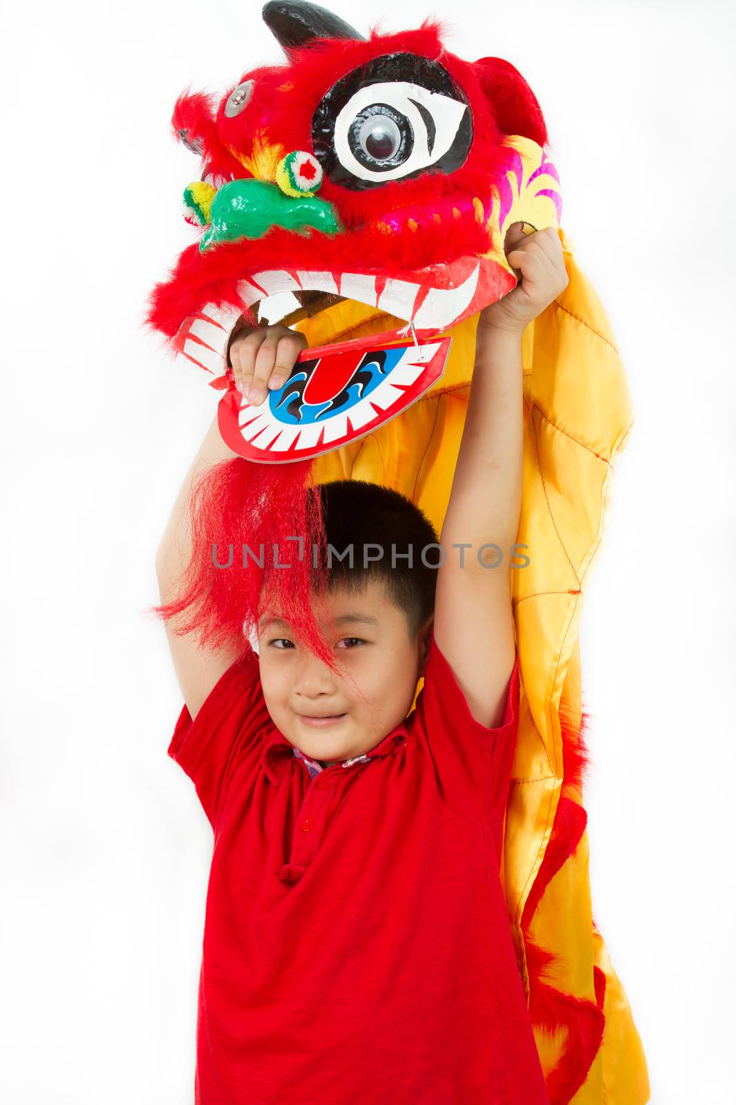 Asian Little Boy in Chinese Lion Custome Dance During Chinese New Year Celebration on White Background