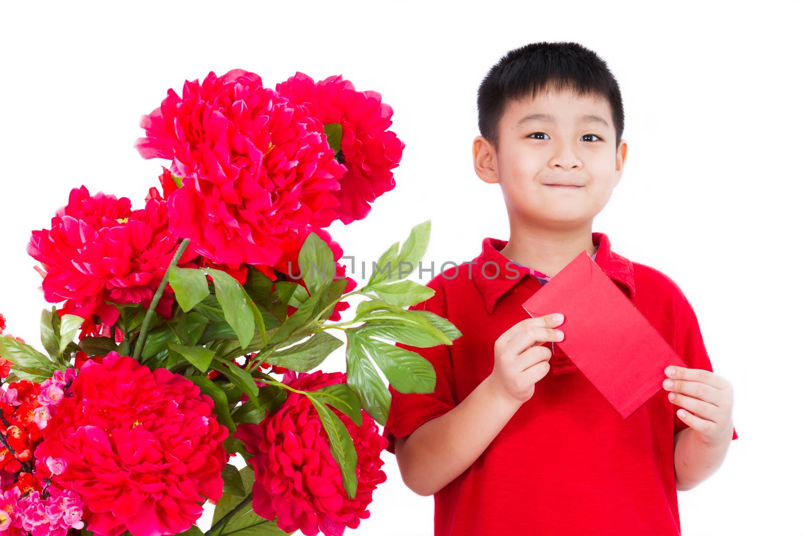 Asian Little Boy Holding a Red Envelope Isolated on White Background