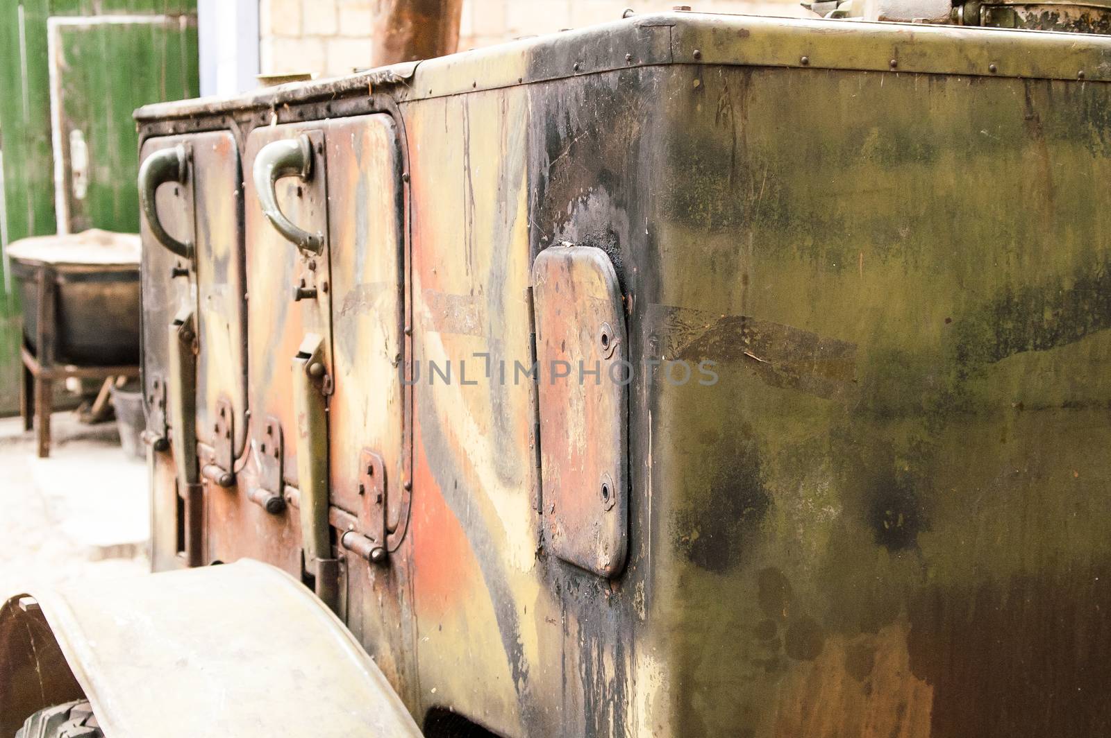 close-up field kitchen standing on a street war