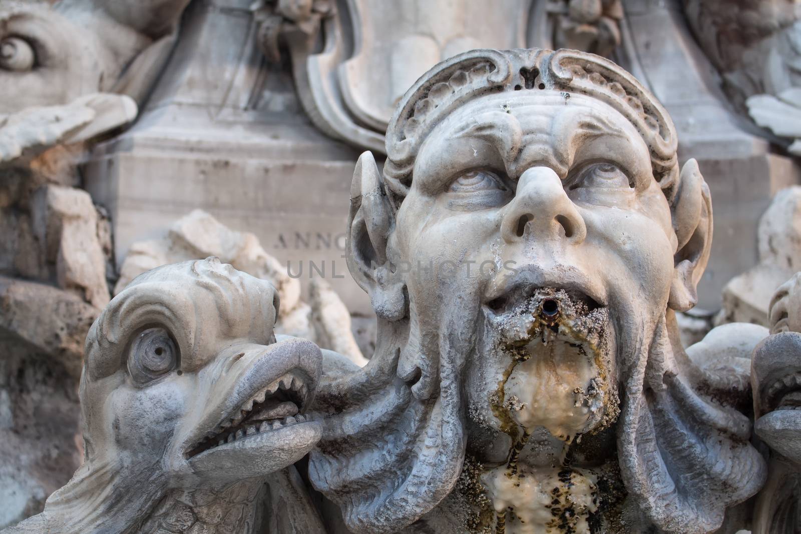 One of the roman beautiful fountains. This one is located in front of famous Pantheon. Baroque faces and fishes.