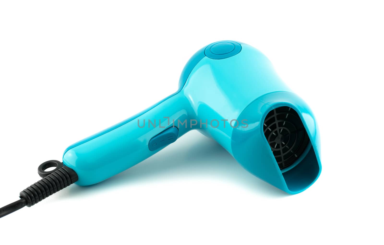 Blue hair dryer isolated on white by nop16