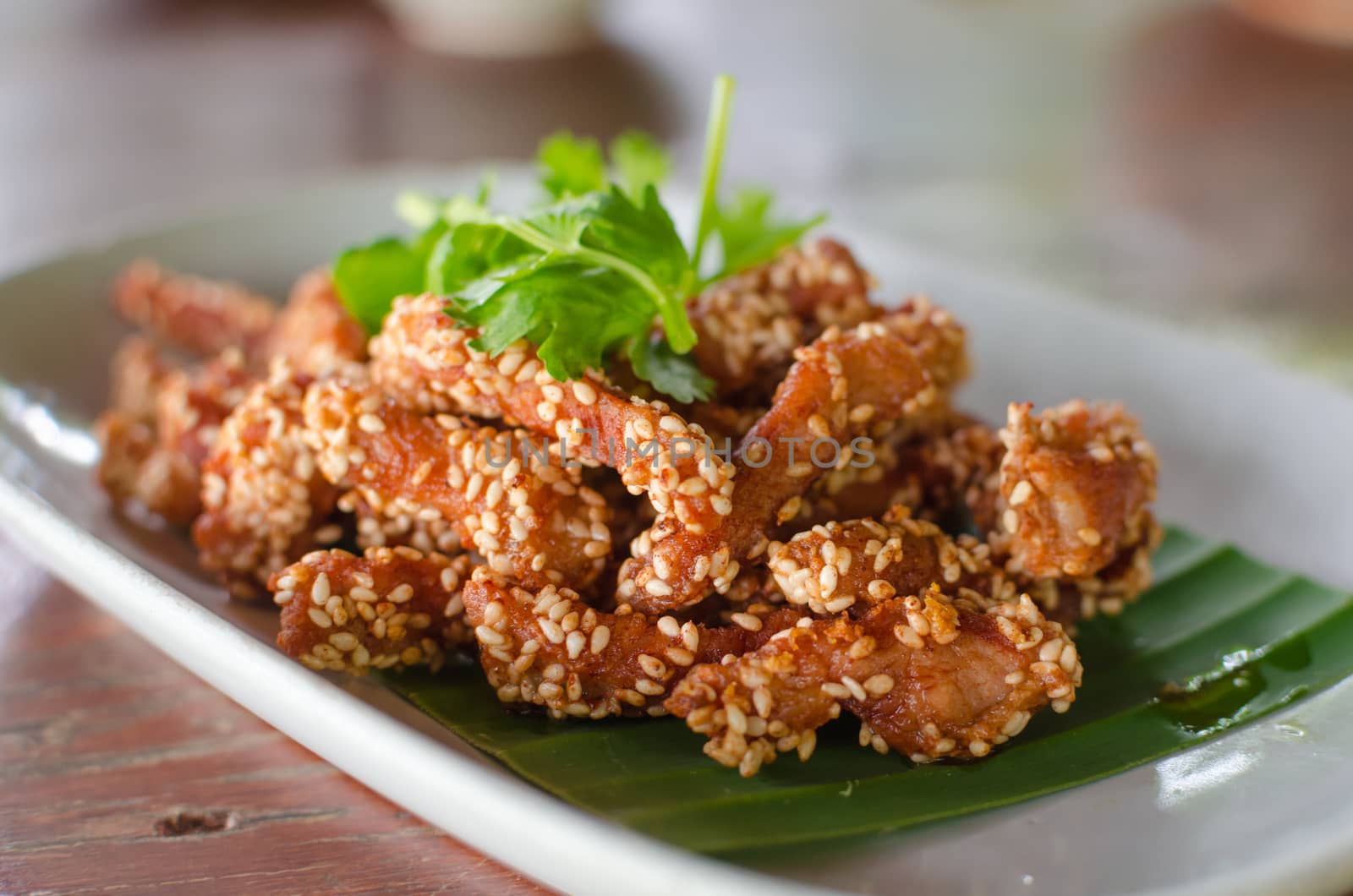 Fried pork marinated with garlic, pepper and sesame.