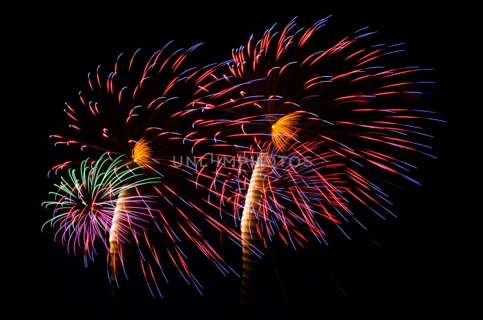An image of exploding fireworks at night. Represents a celebration.