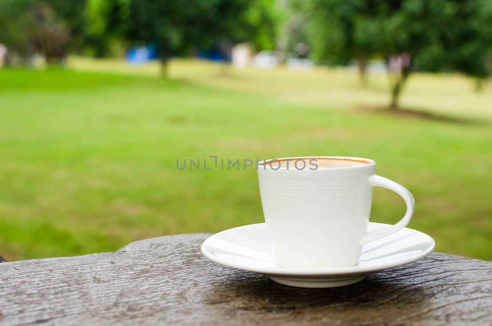 Cup of coffee on wooden table in garden