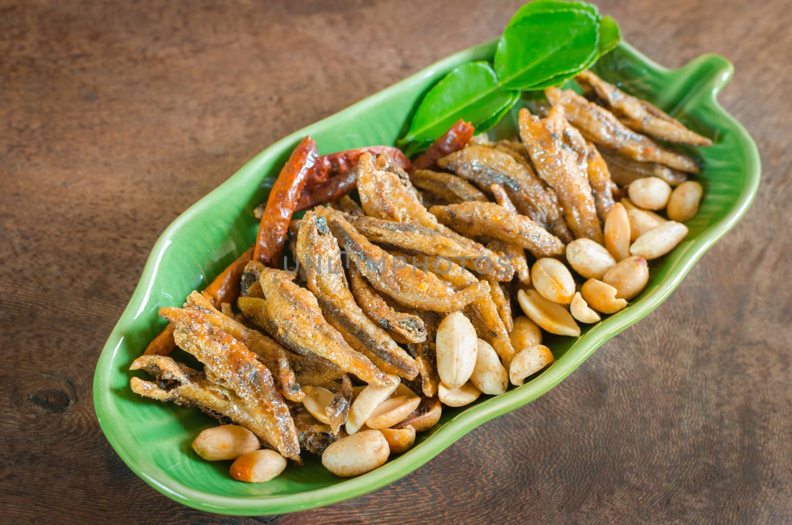 Crispy fried anchovies fish and peanut.