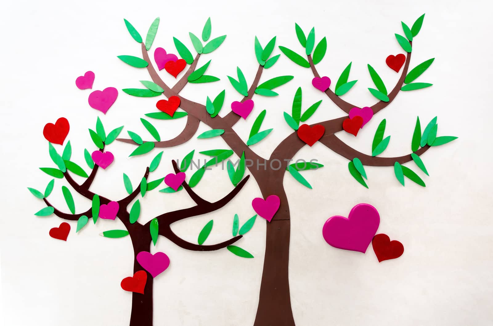 Heart tree, Love tree,Tree with heart decoration on the wall.