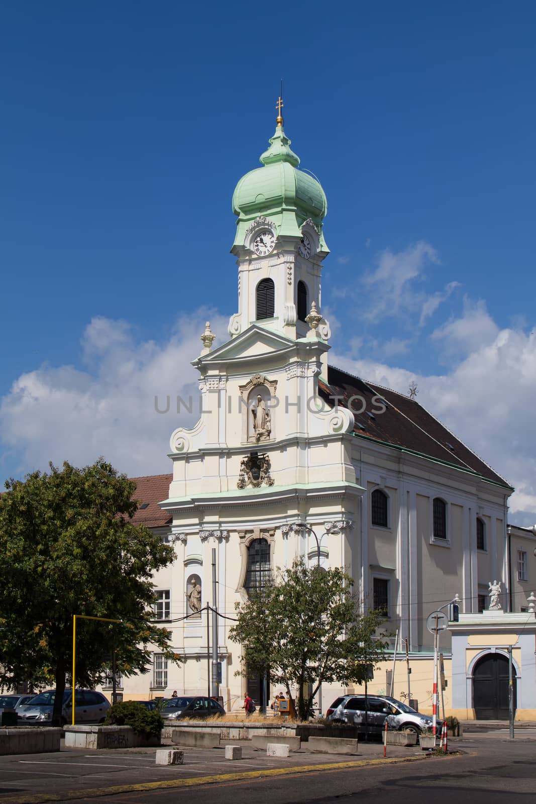 St. Elizabeth church in the city center of Bratislava, capital of Slovakia. Summer blue sky with white clouds.