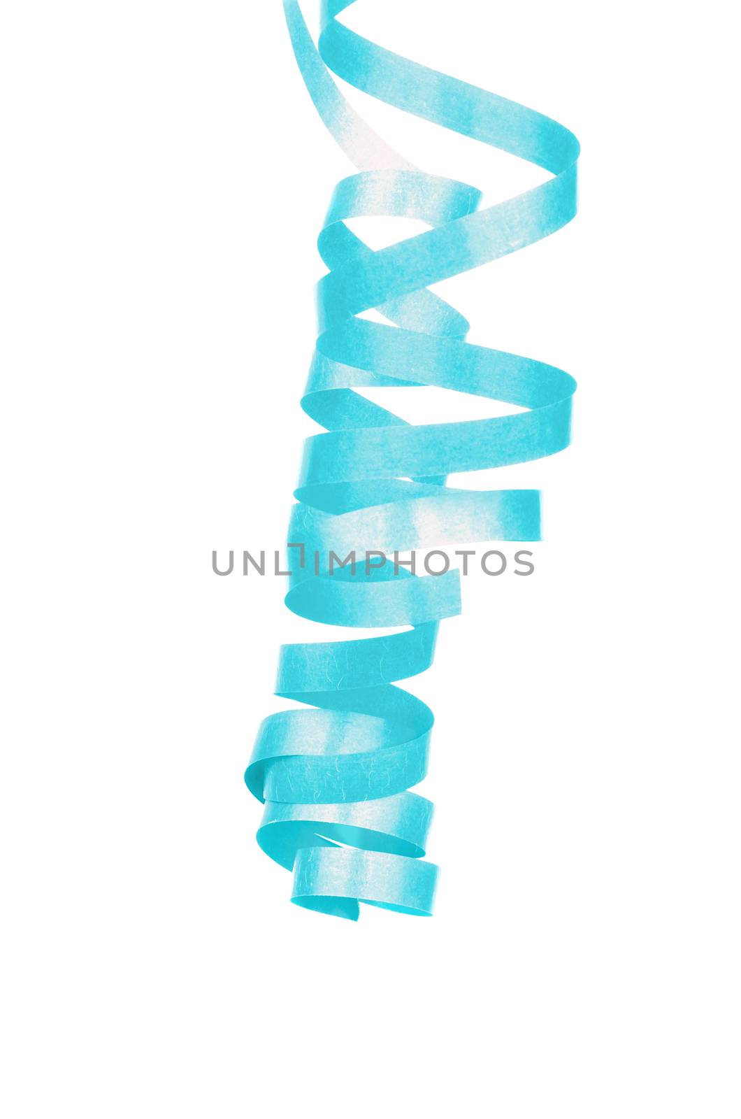 Blue Curled Party Streamer Hanging Down Isolated on White background