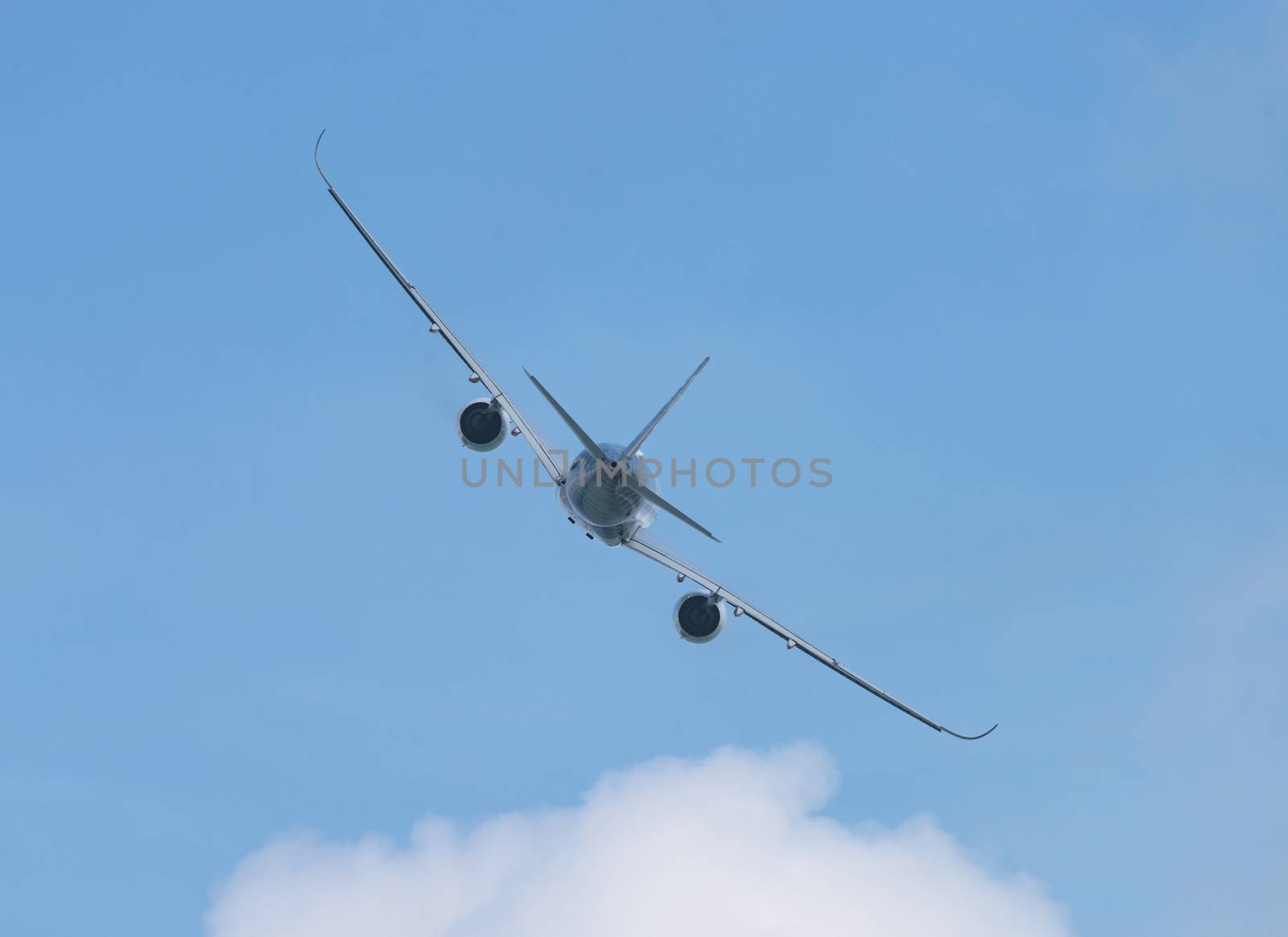 Singapore - February 14, 2016: Airbus A350 XWB during it’s performance at Singapore Airshow at Changi Exhibition Centre in Singapore.