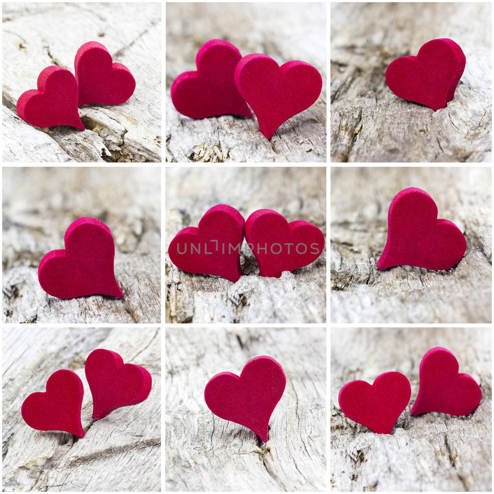 collage with red hearts on wooden background by miradrozdowski