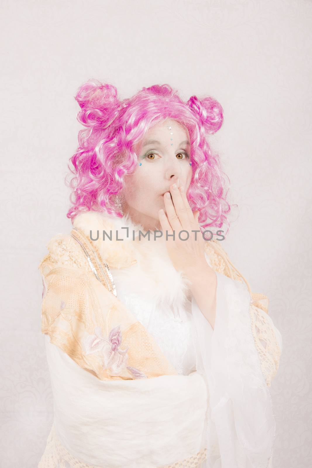 Shocked surreal circus style character on white background